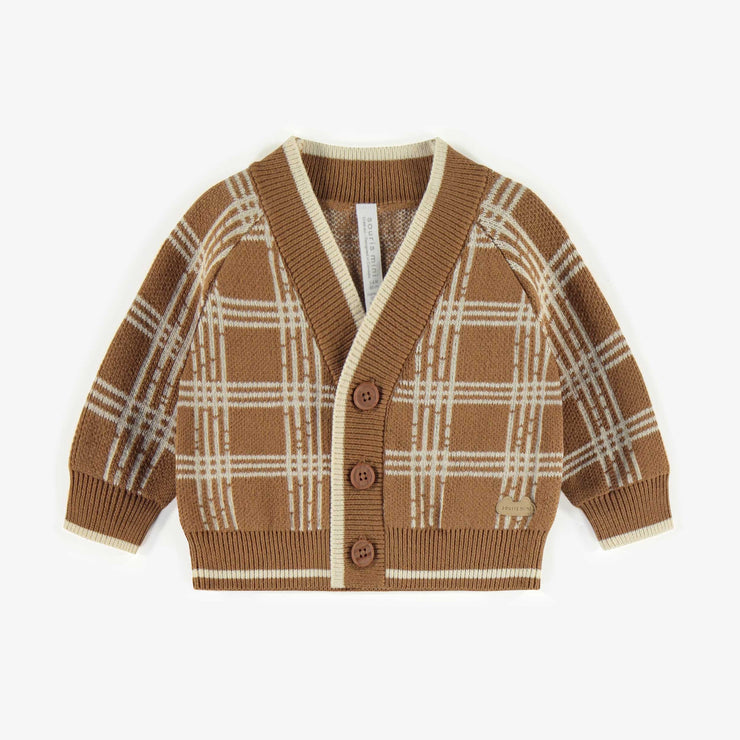 Veste de maille brune à carreaux imitation cachemire, naissance || Plaid brown knitted vest with a cashmere imitation, newborn