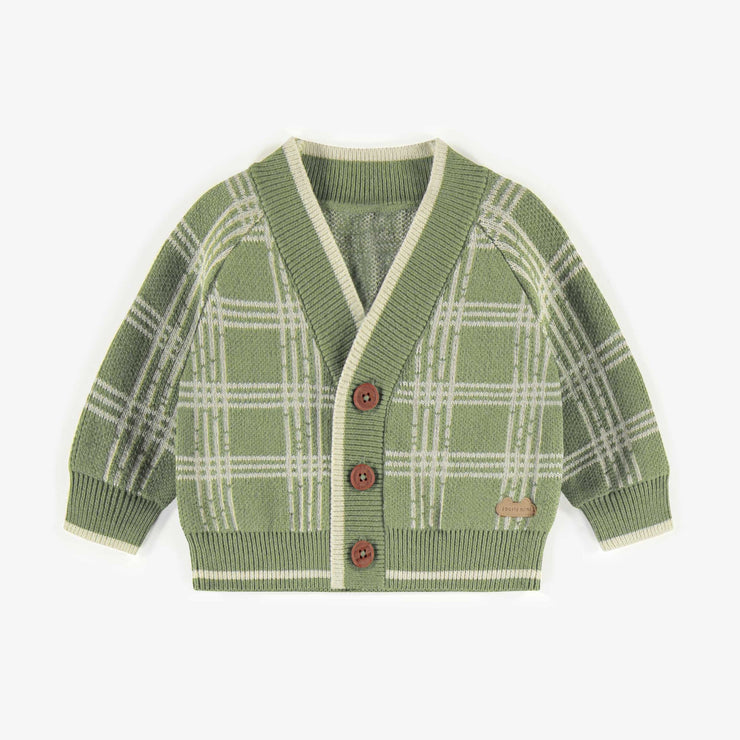 Veste de maille verte à carreaux imitation cachemire, naissance || Plaid green knitted vest with a cashmere imitation, newborn