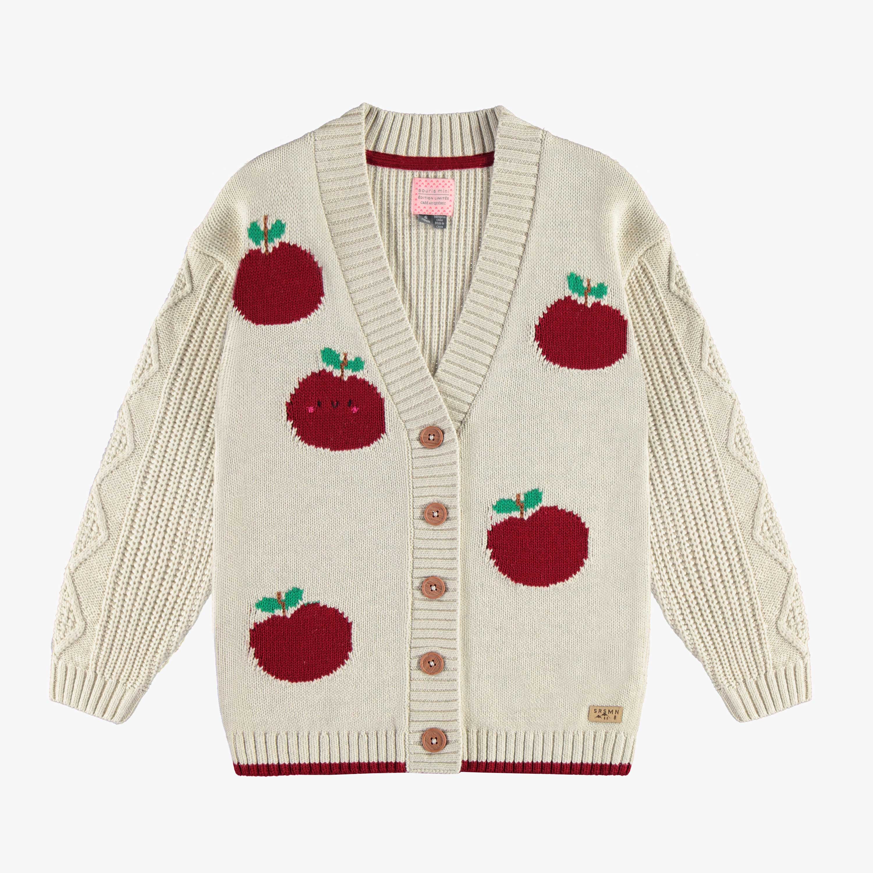 Cardigan en tricot beige coupe décontractée avec motif jacquard de pommes rouges, enfant