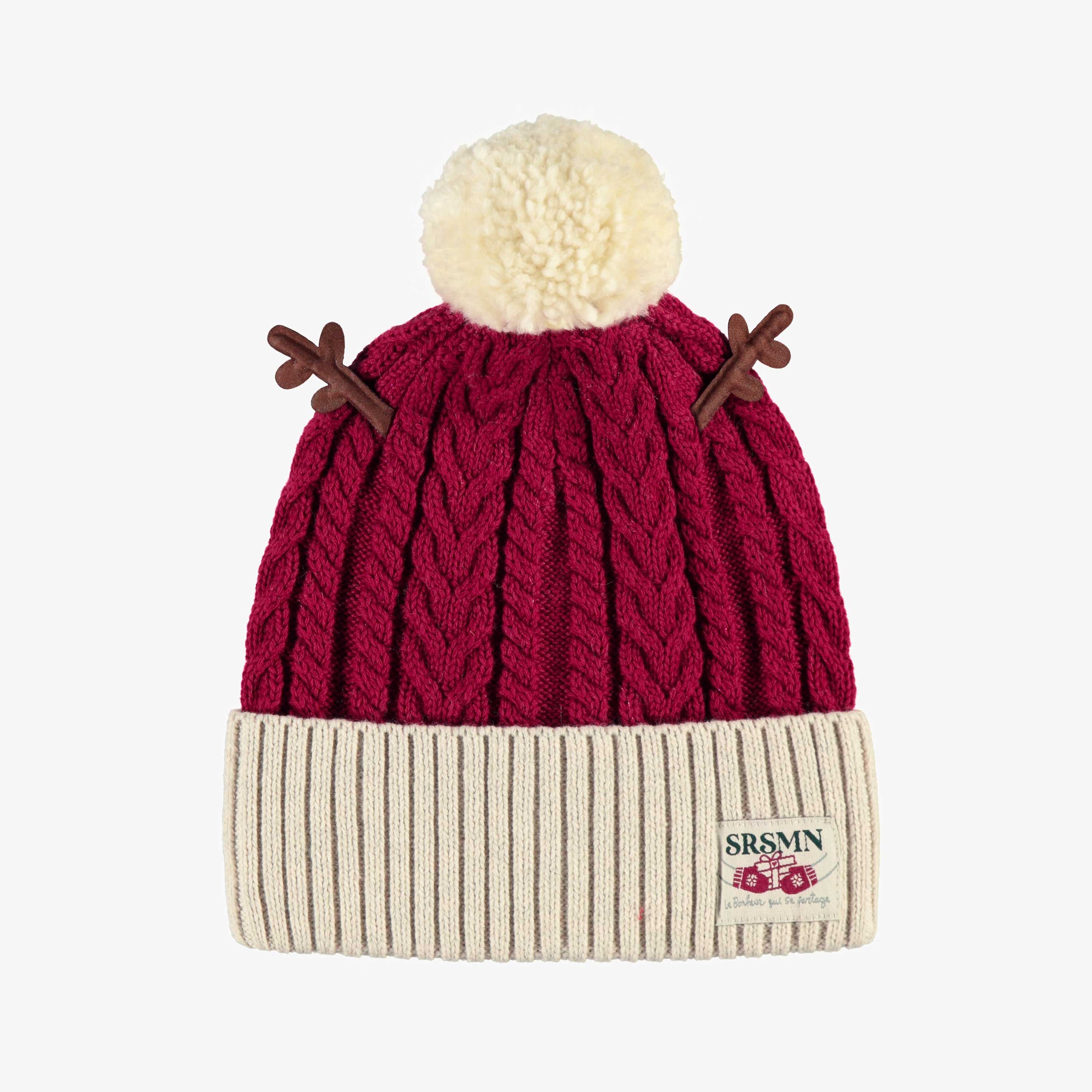 Tuque en tricot rouge et crème avec bois de renne, enfant