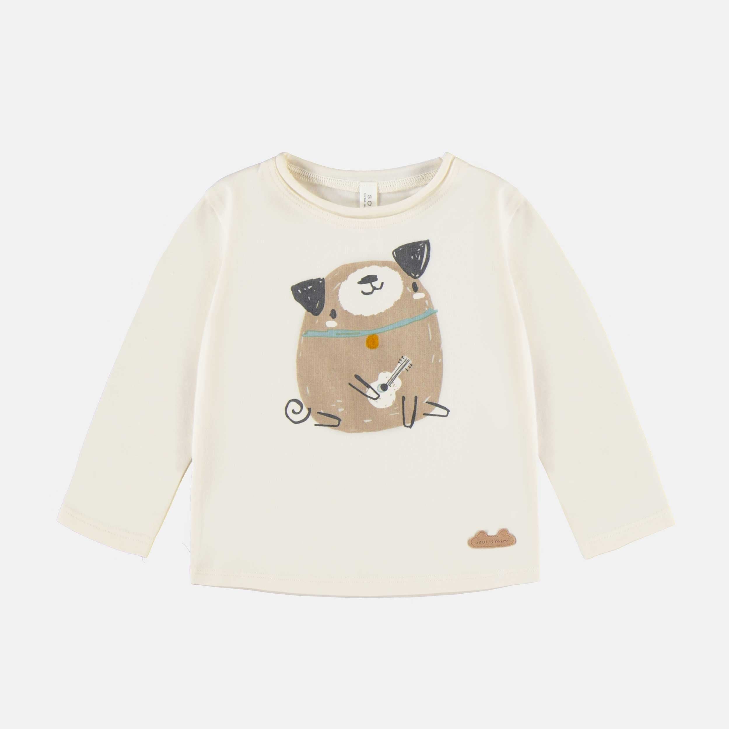 T-shirt à manches longues crème avec un chien illustré en jersey, naissance