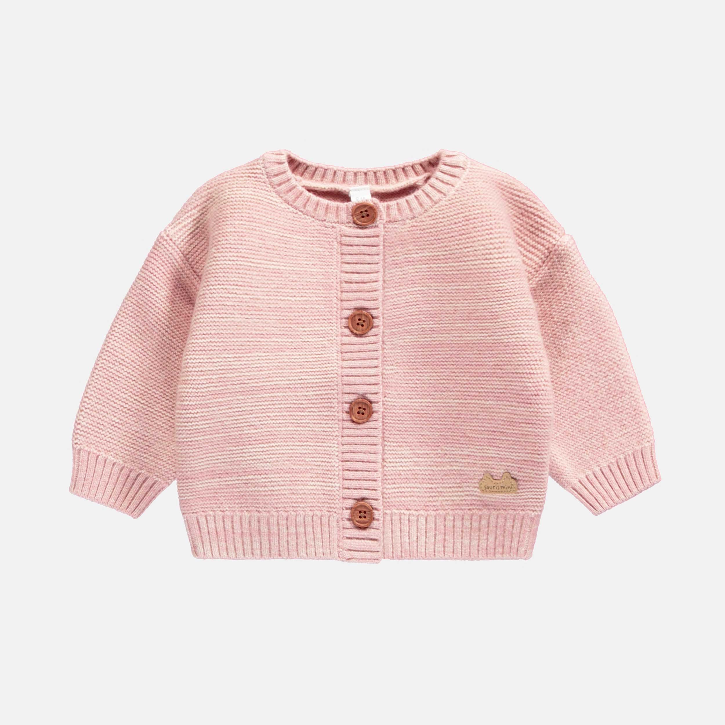 Cardigan de tricot rose chiné effet angora, naissance