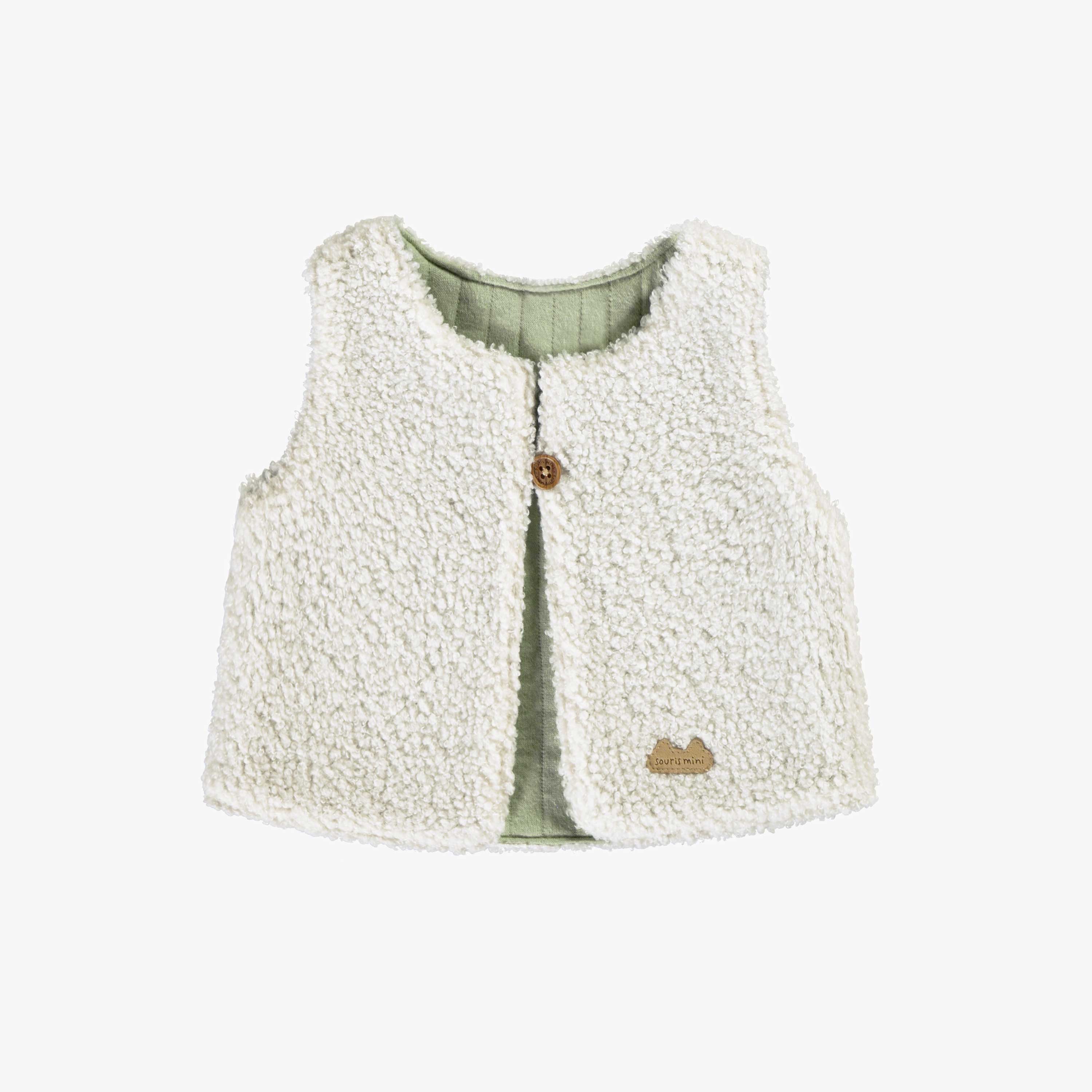 Veste sans manches crème en sherpa réversible verte en jersey matelassé, naissance