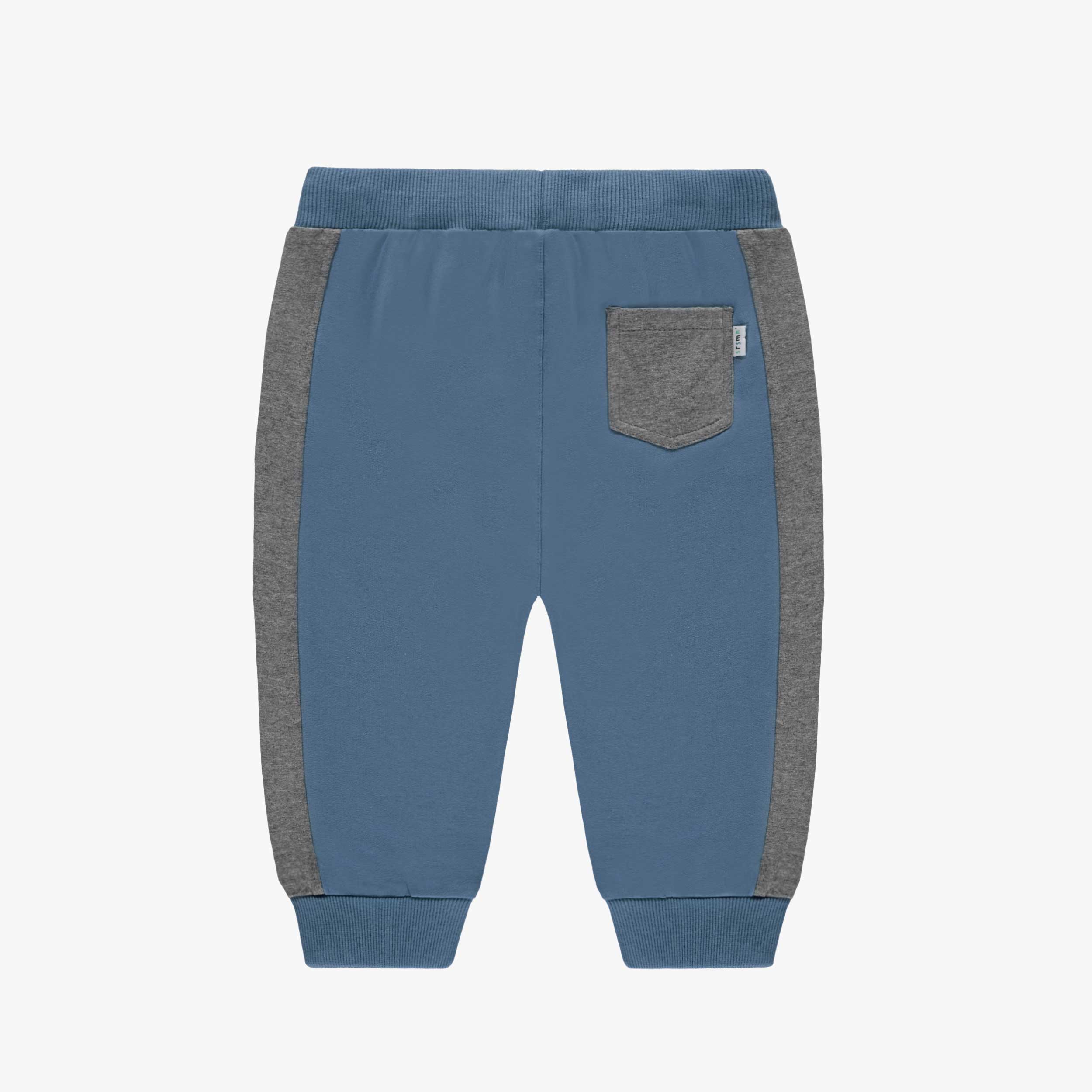 Dos du pantalon style jogger bleu et gris, bébé