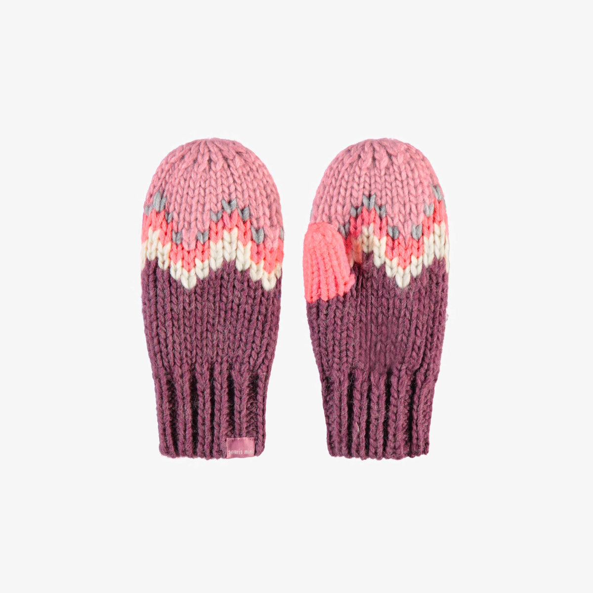 Pink and purple knit mittens with patterns, child | Souris Mini ...