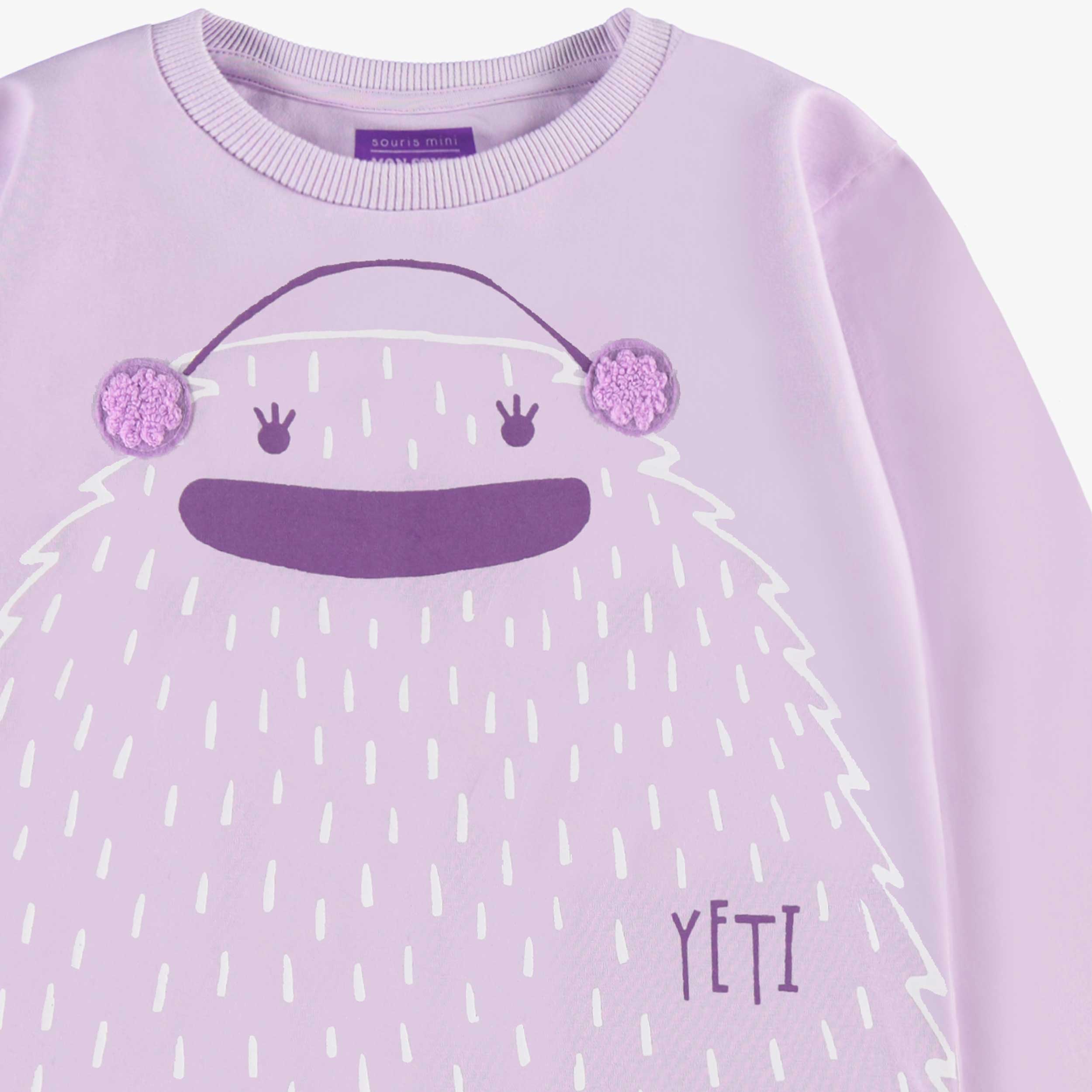 Zoom détails du t-shirt mauve avec illustration, enfant