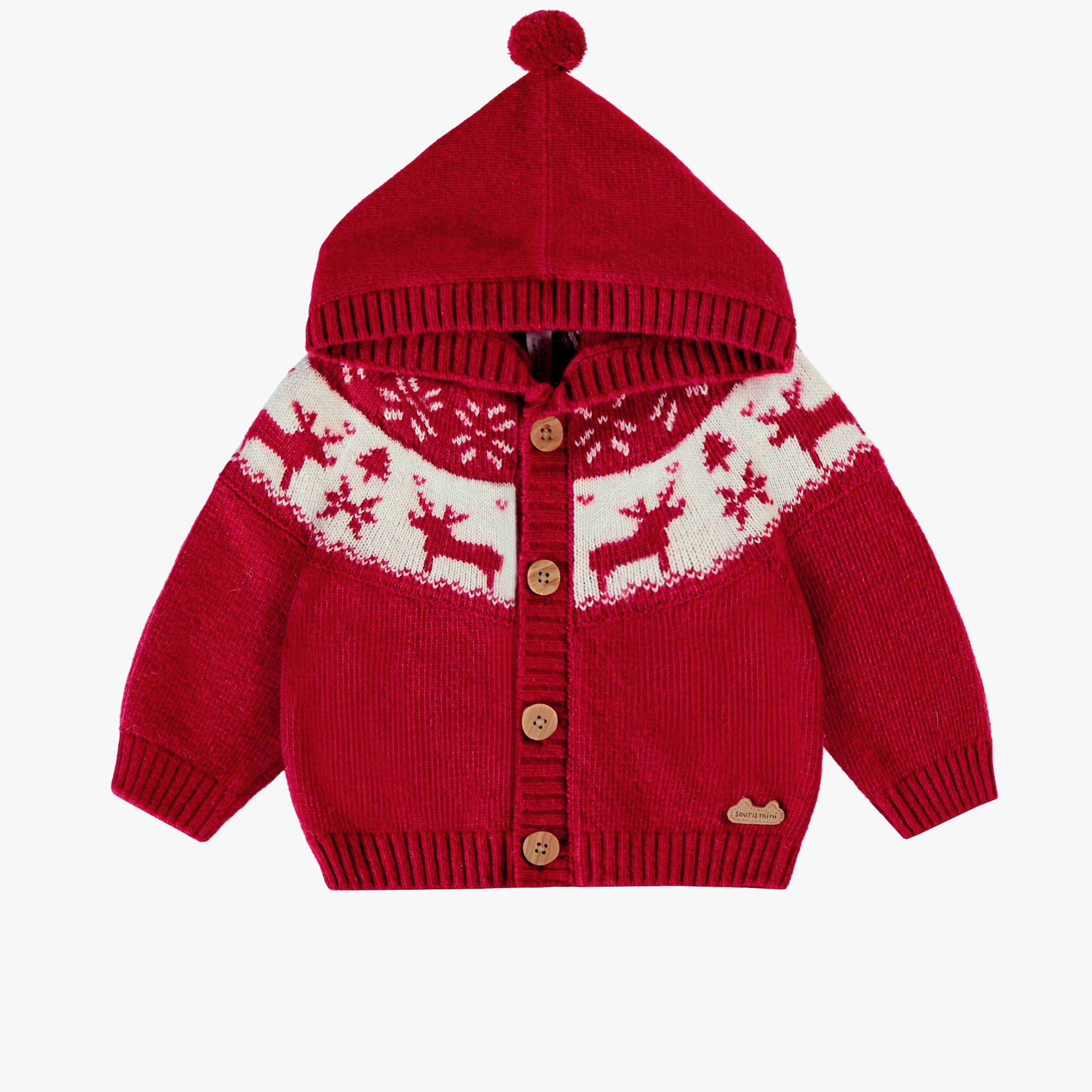 Cardigan rouge en tricot avec motifs jacquard, naissance
