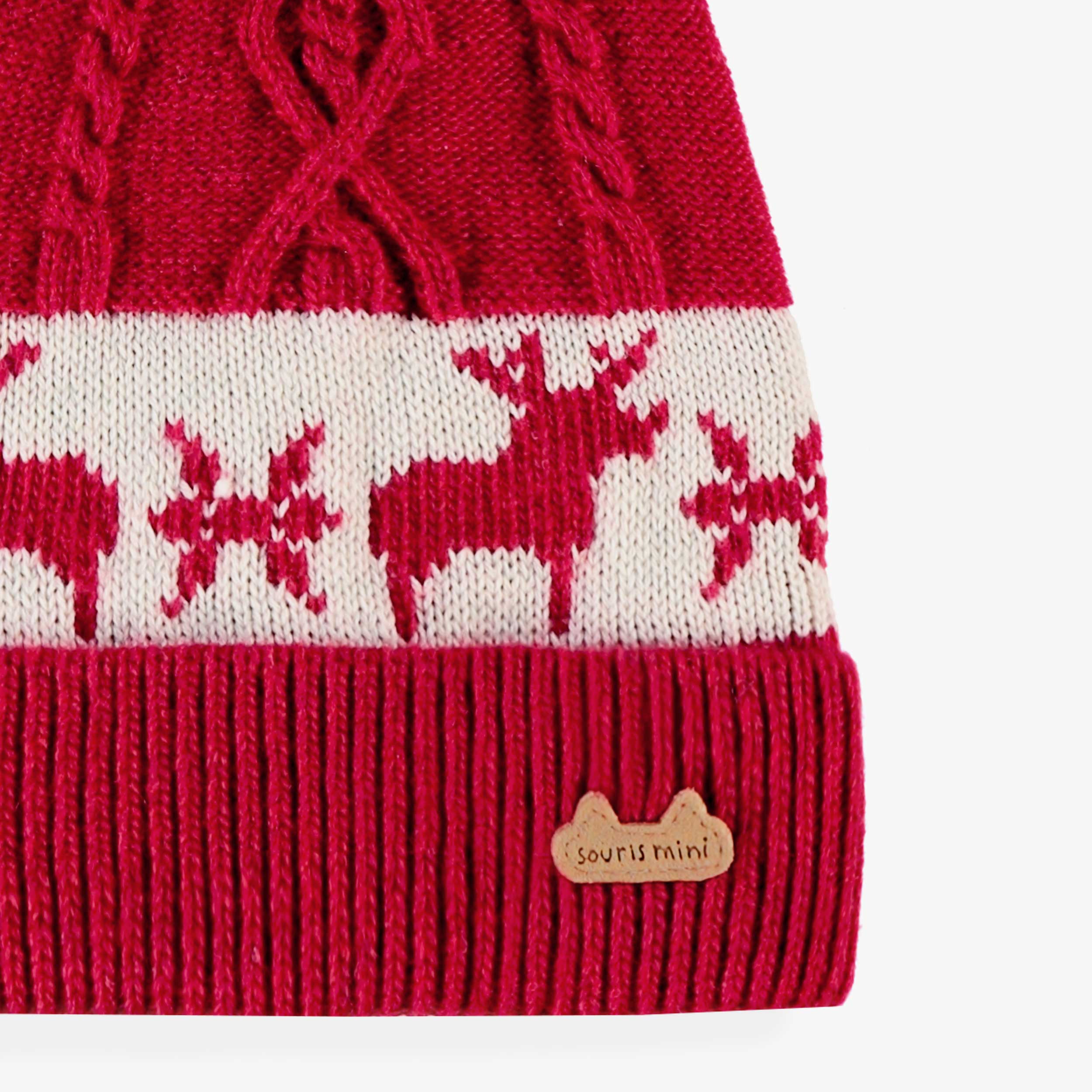 Red knit beanie with jacquard patterns, newborn