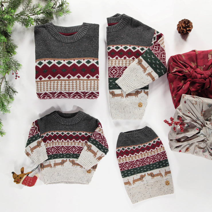 Chandail de maille gris à motif jacquard coloré, bébé || Gray knitted sweater with colorful jacquard pattern, baby