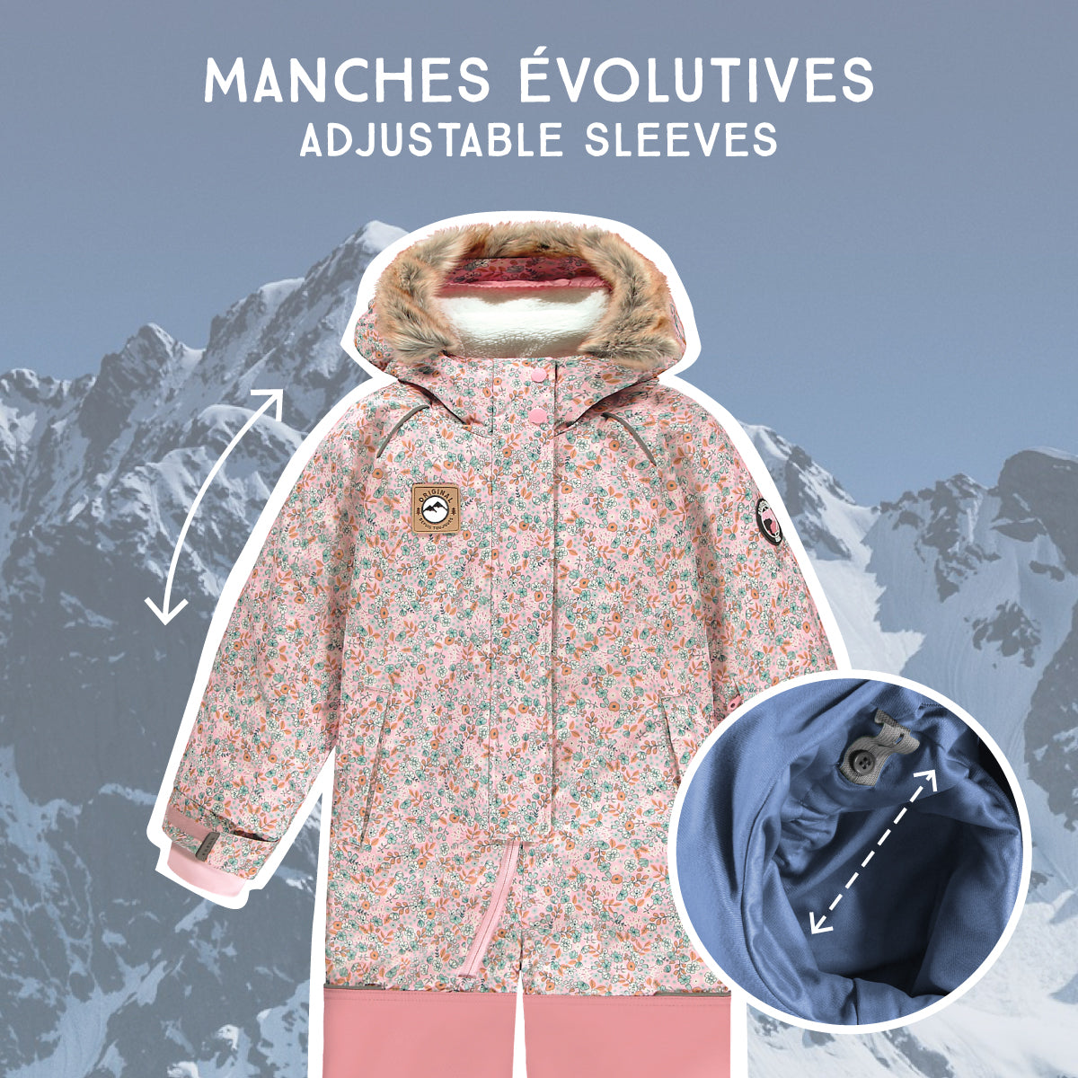 Pink one-piece snowsuit with floral print, child