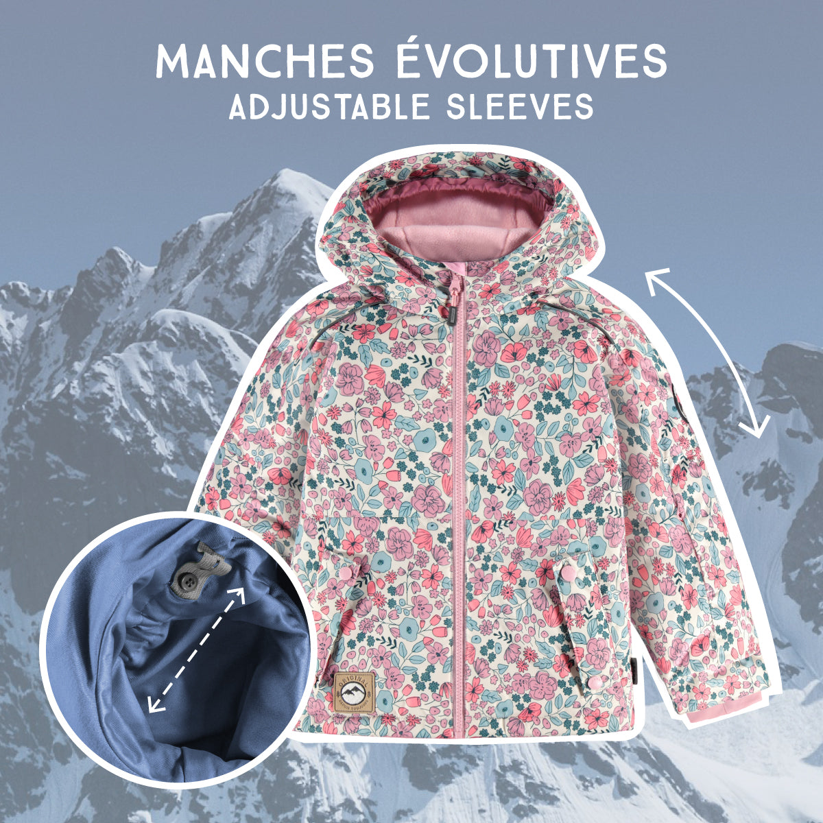 Pink two-piece snowsuit with floral print, child