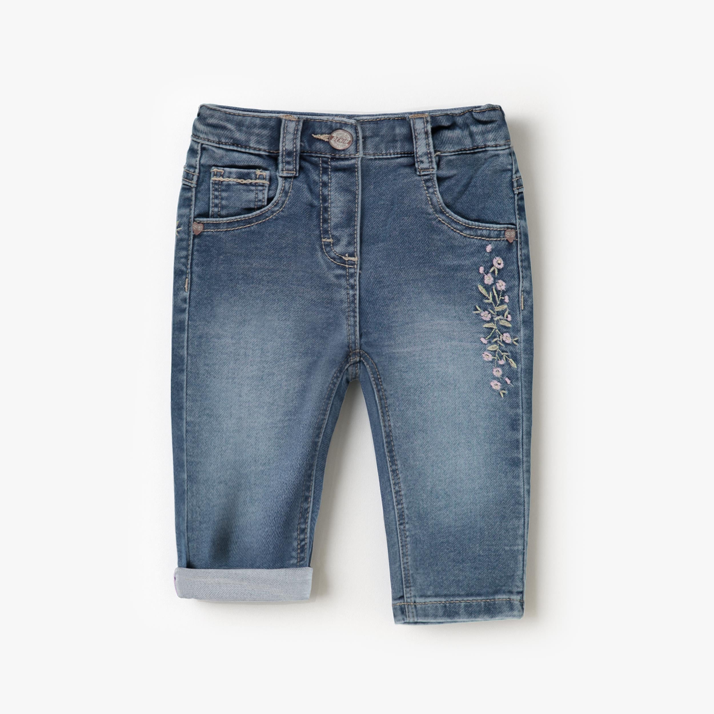Jean bleu avec broderies florales, bébé - Souris Mini