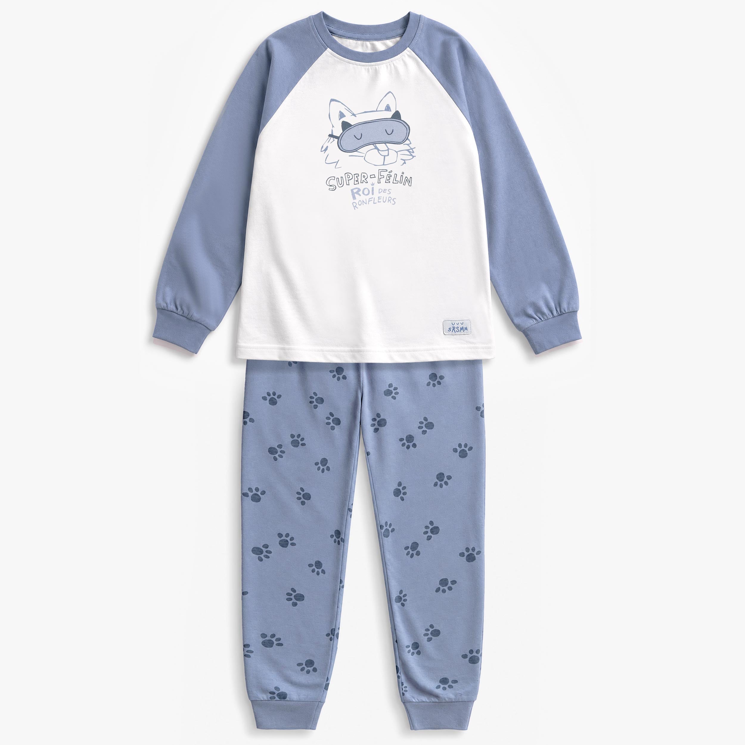 Ensemble de pyjama pour enfant comprenant un chandail blanc a manches raglan bleu pale avec motif de chat et un pantalon bleu pale a imprime de pattes. - Souris Mini