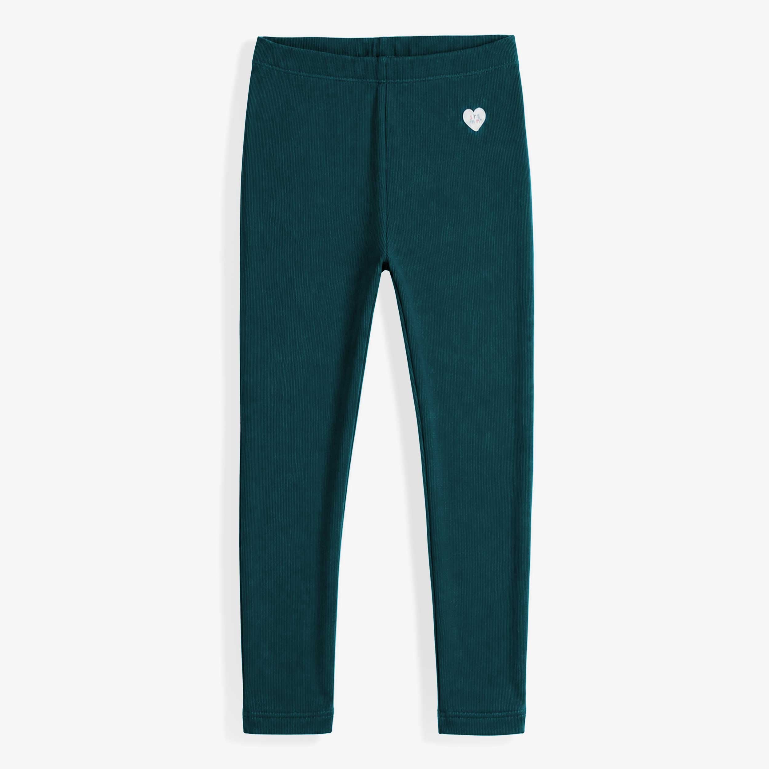 Legging côtelé vert pétrole pour bébé fille avec taille élastique et petit écusson cœur à la hanche. - Souris Mini