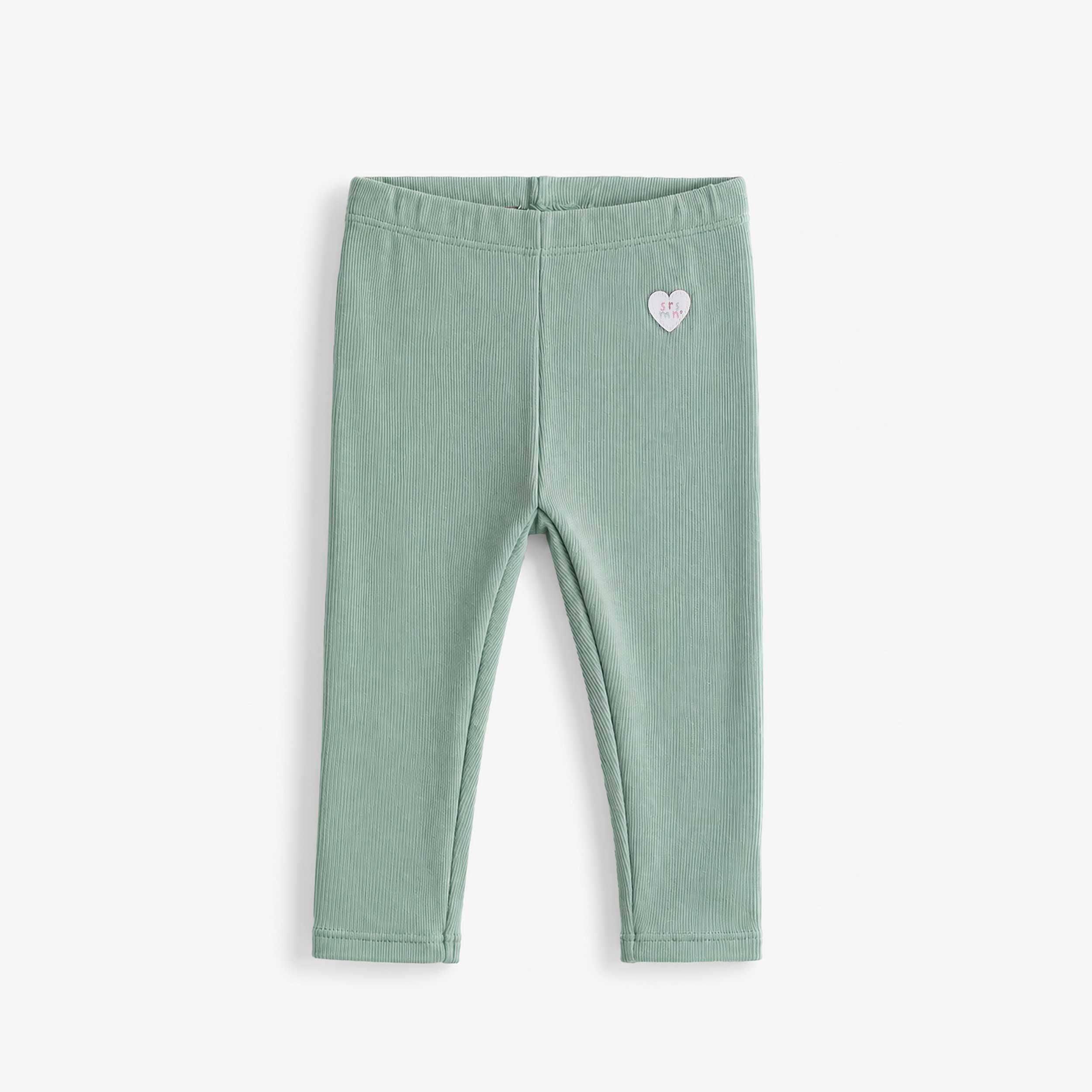 Legging vert sauge pour bébé fille en tissu côtelé extensible avec taille élastique confortable. Un essentiel doux et facile à agencer. - Souris Mini