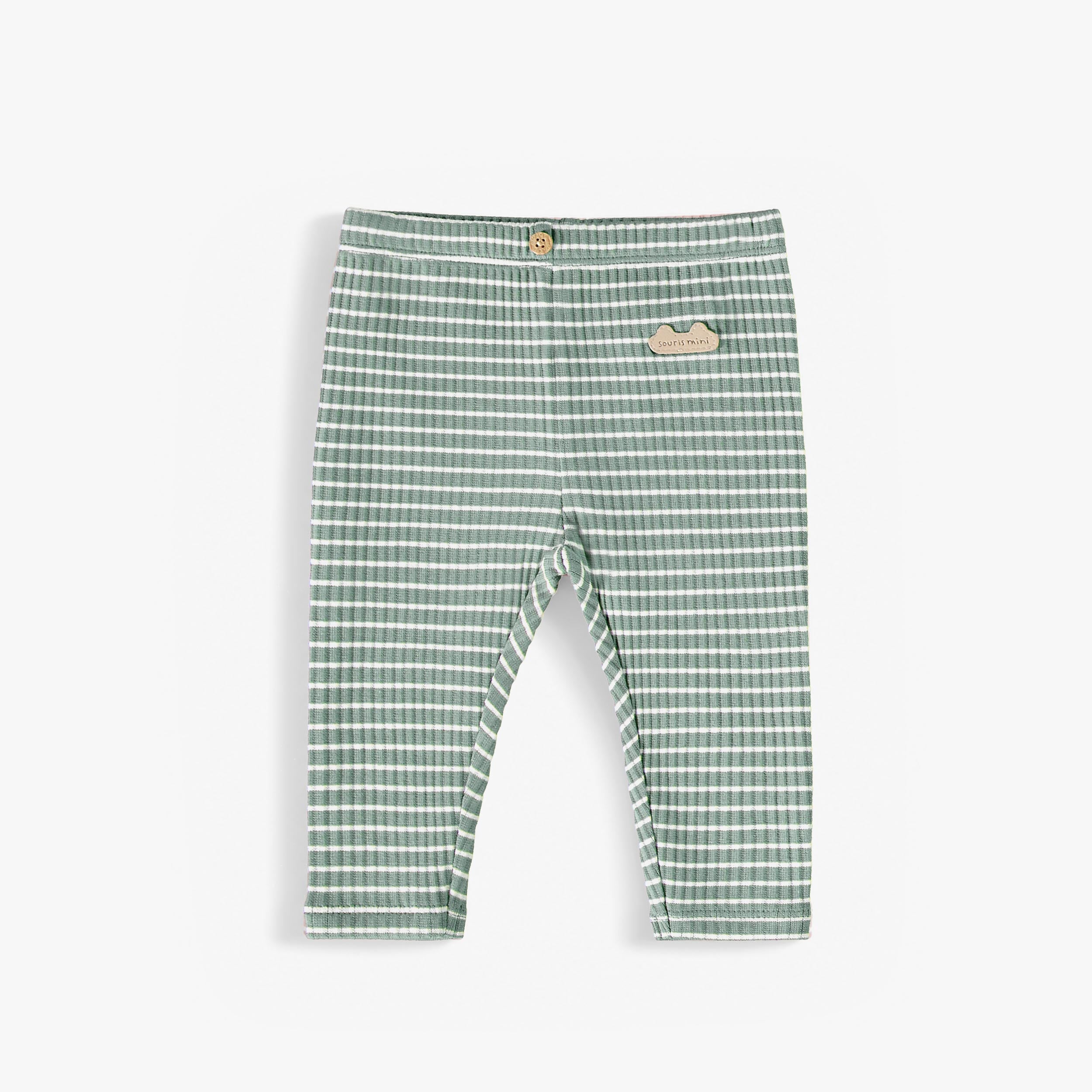 Legging vert sauge à rayures en coton côtelé extensible, bébé garçon - Souris Mini