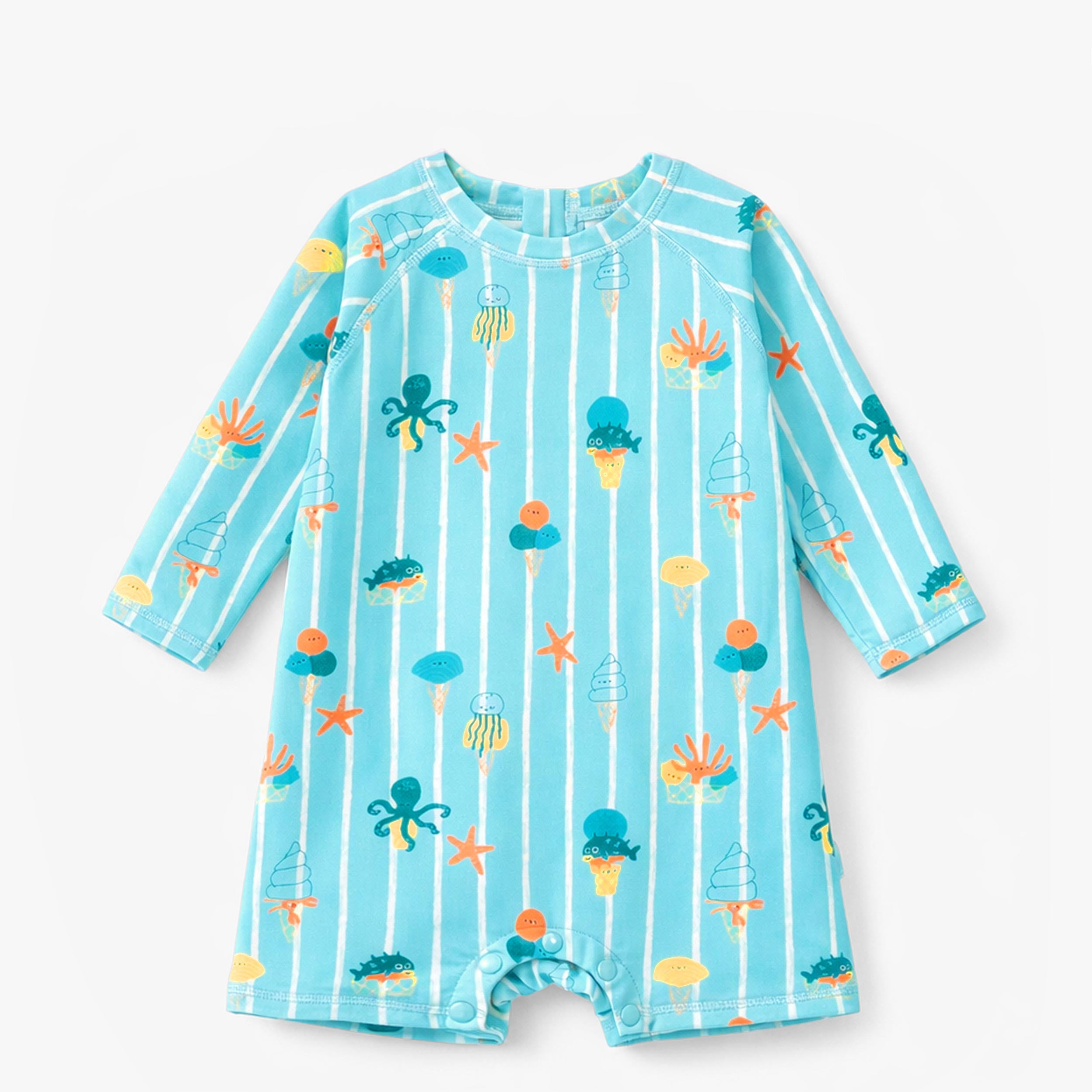 Maillot de bain une pièce bleu avec rayures et motifs, bébé - Souris Mini