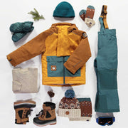 Habit de neige deux pièces jaune-orange et turquoise, enfant  || Two piece yellow-orange and turquoise snowsuit, child