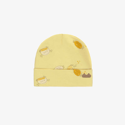Bonnet jaune pâle à motif de crabes en jersey biologique, naissance || Light yellow hat with crabs print in organic jersey, newborn