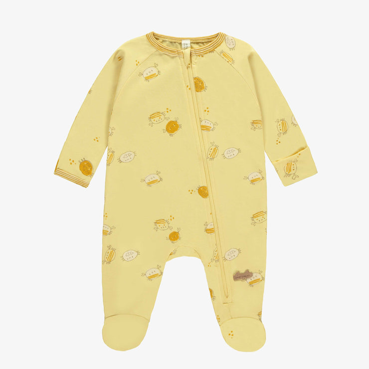 Pyjama une pièce à manches longues jaune pâle à motif de crabes, naissance || Light yellow one piece long sleeved pajama with crabs print, newborn