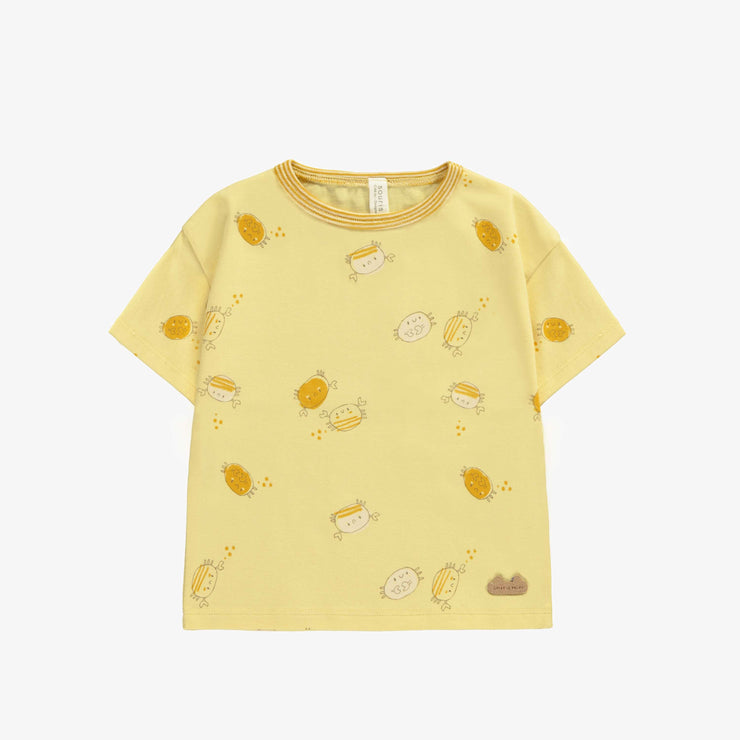 T-shirt à manches courtes jaune pâle avec motif de crabe en jersey biologique, naissance || Light yellow short sleeves t-shirt with crab print in organic jersey, newborn