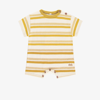Une pièce de maille côtelée manches courtes à rayures jaune et crème, naissance || Ribbed knit one-piece with yellow and cream stripes, newborn