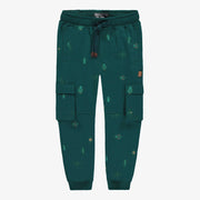 Pantalon coupe régulière vert à motif en coton français, enfant || Green regular fit pants with print in french terry, child