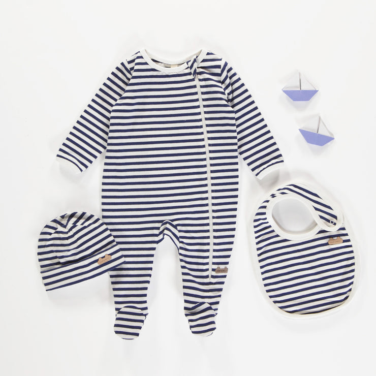 Pyjama une-pièce à manches longues marine et blanc à rayures, naissance || Navy and white striped one-piece long sleeved pajama, newborn