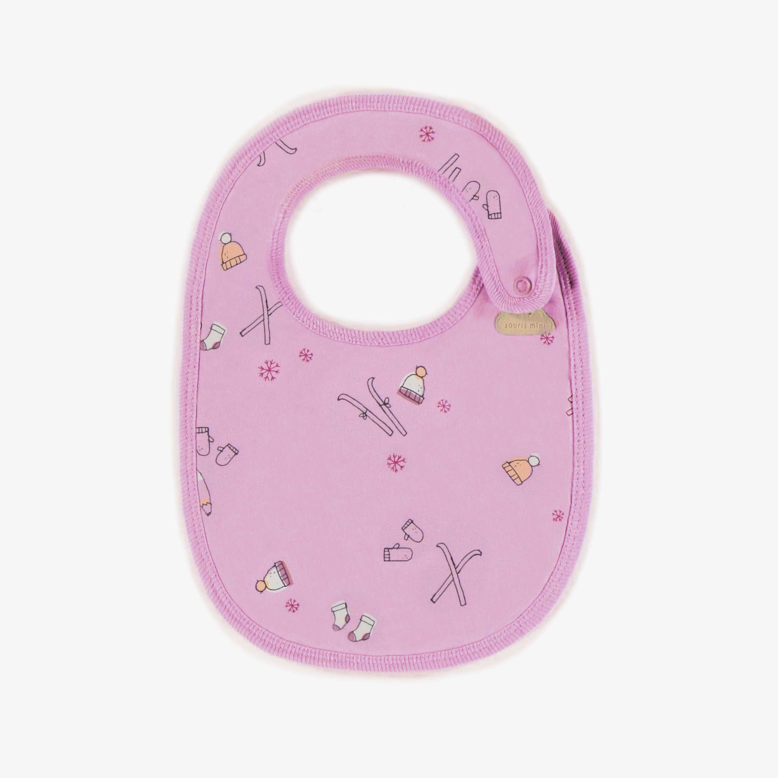 Bavoir lavande à motif de skis en coton biologique, naissance