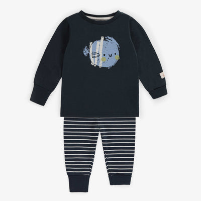 Pyjama marine à rayures en coton, bébé || Navy striped pajama in cotton, baby