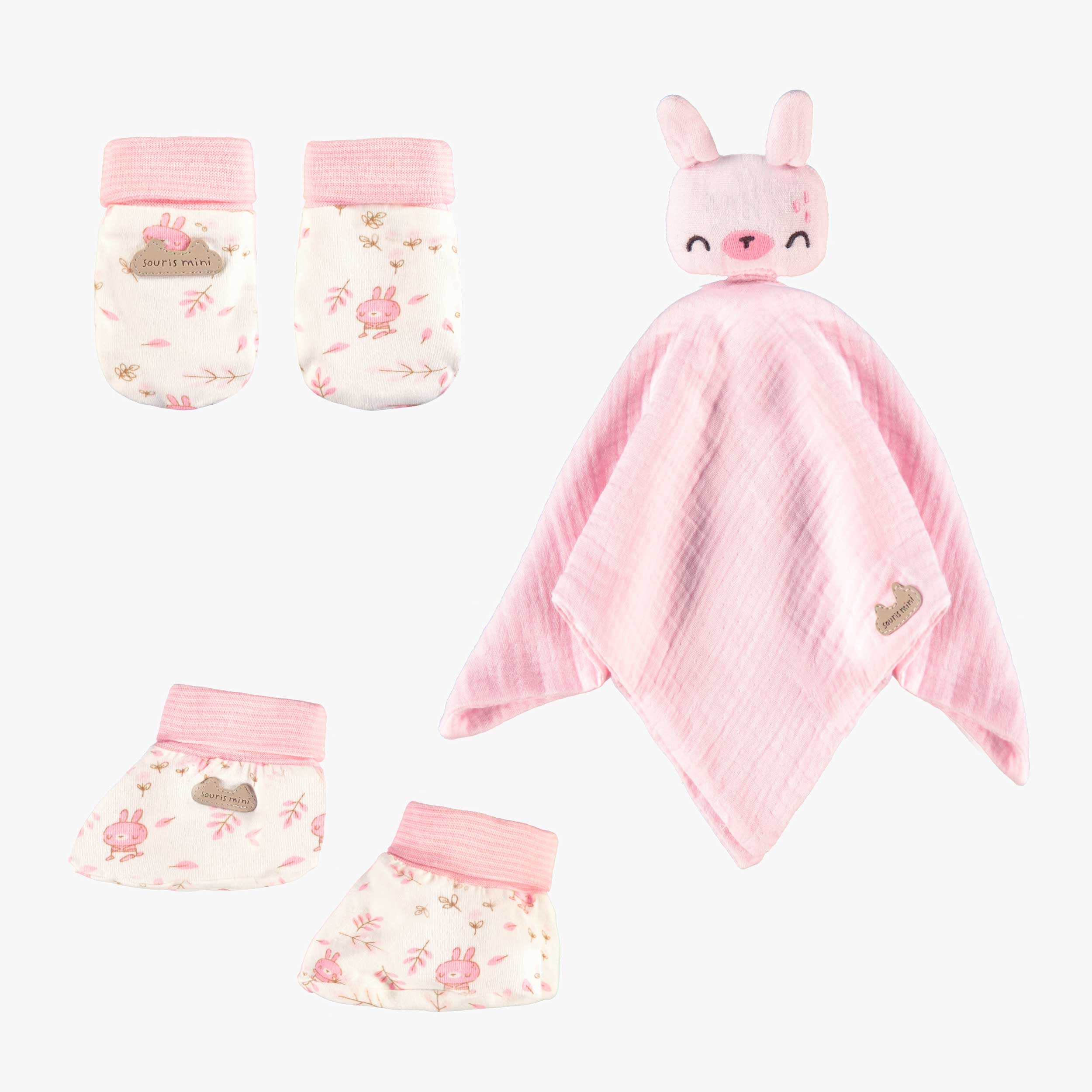 L’ensemble doudou, mitaines et pantoufles rose, naissance