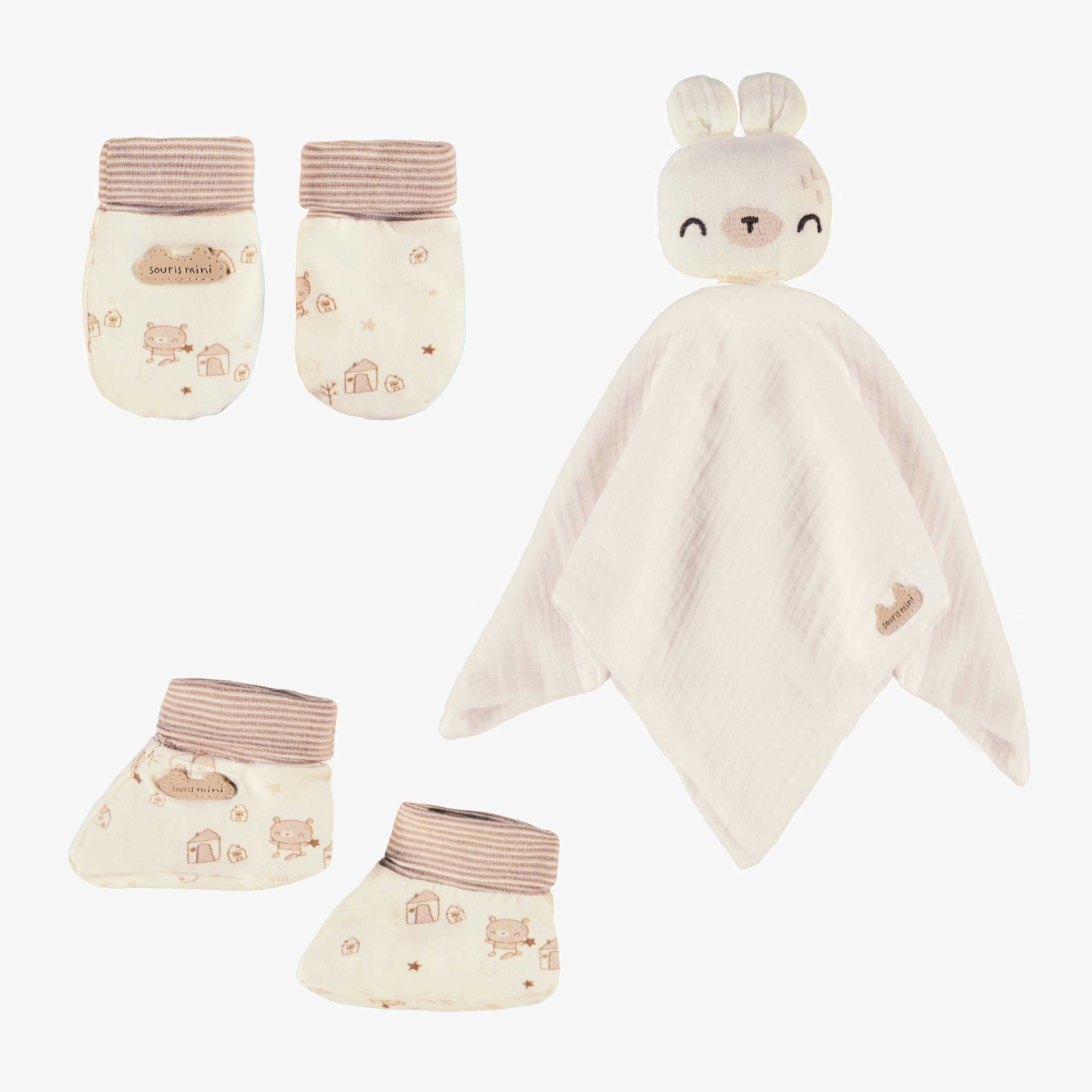L’ensemble doudou, mitaines et pantoufles crème, naissance