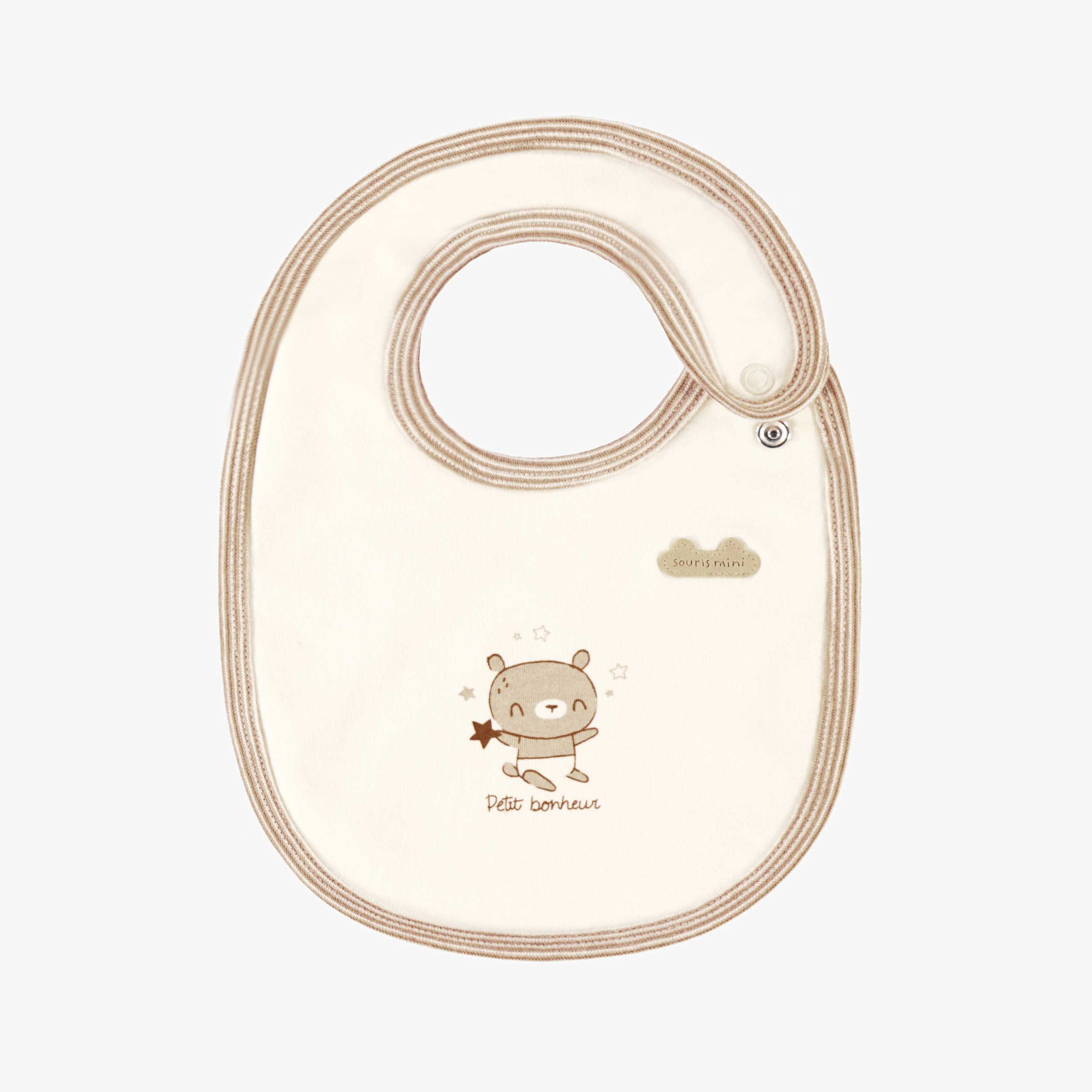 Bavoir de l’ensemble pyjama, bavoir et chapeau crème et beige, naissance