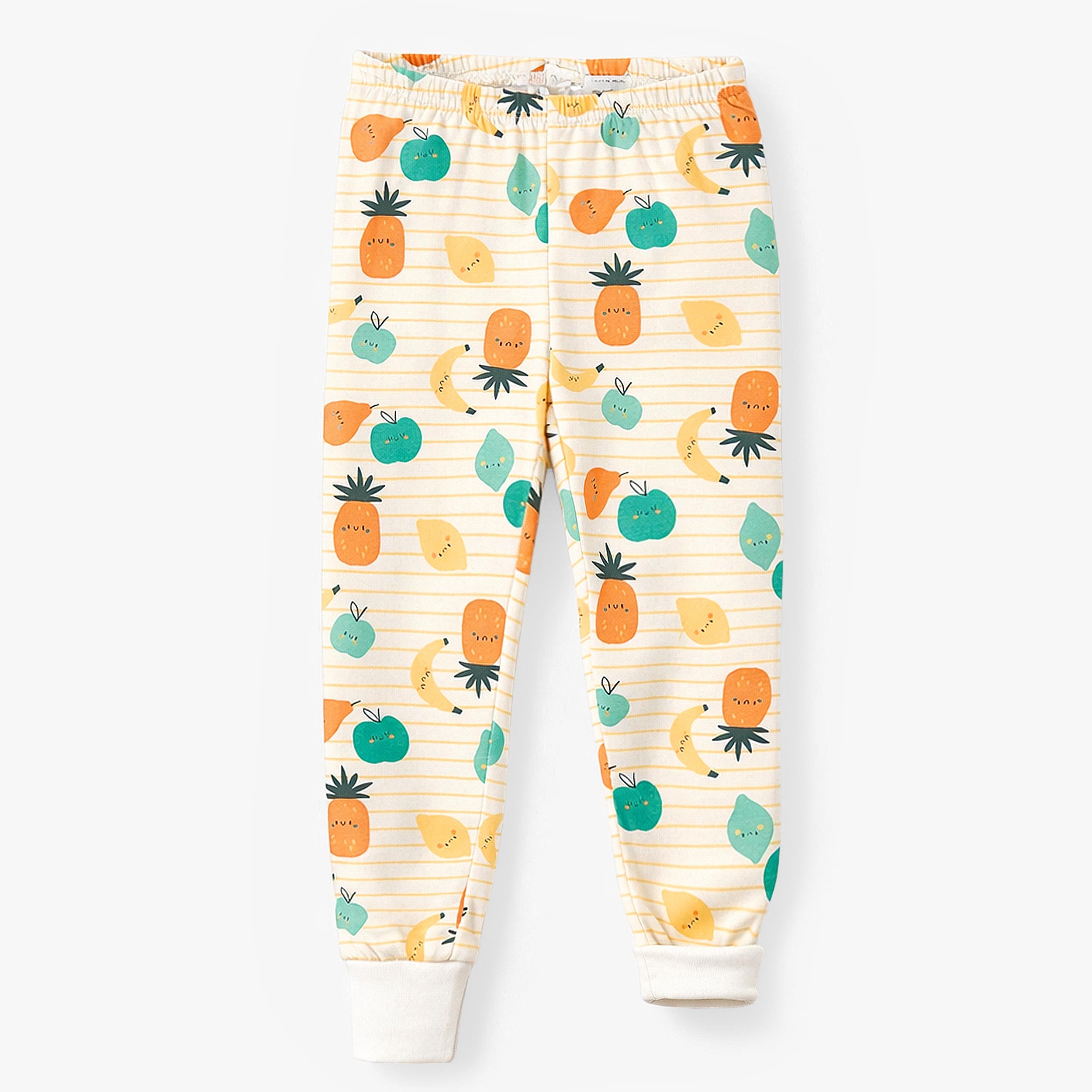 Pantalon du pyjama deux pièces crème à rayures et motifs de fruits, enfant 