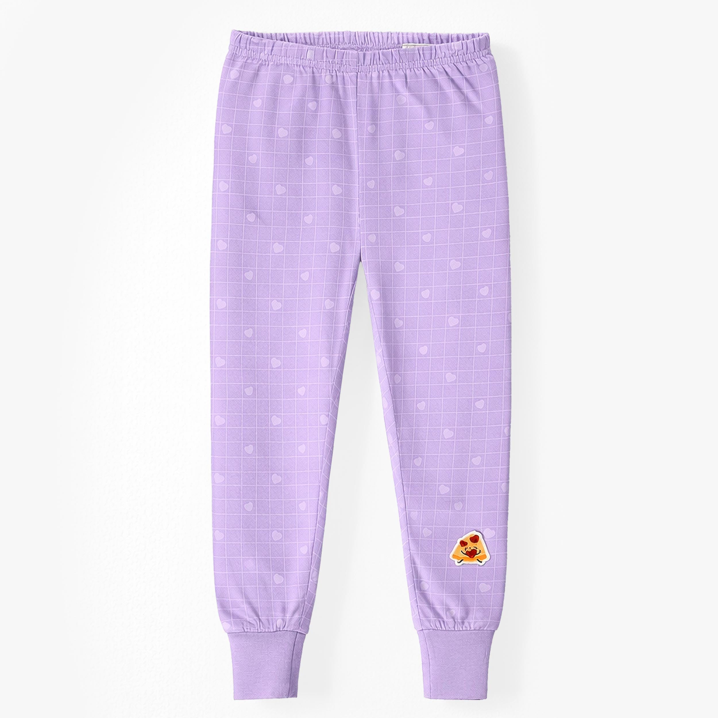 Pantalon du pyjama deux pièces mauve à motifs de pizzas, enfant 