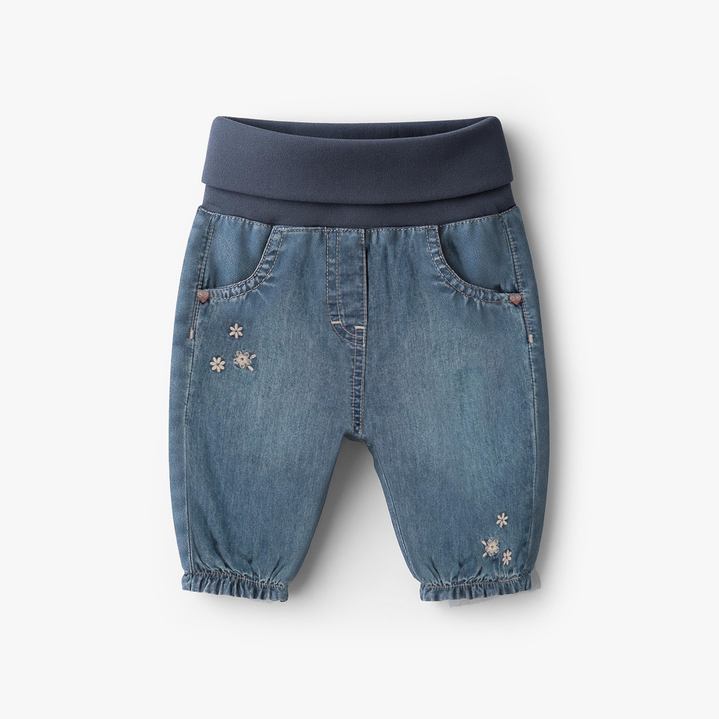Evolutive pants in light denim, embroidery, newborn | Souris Mini