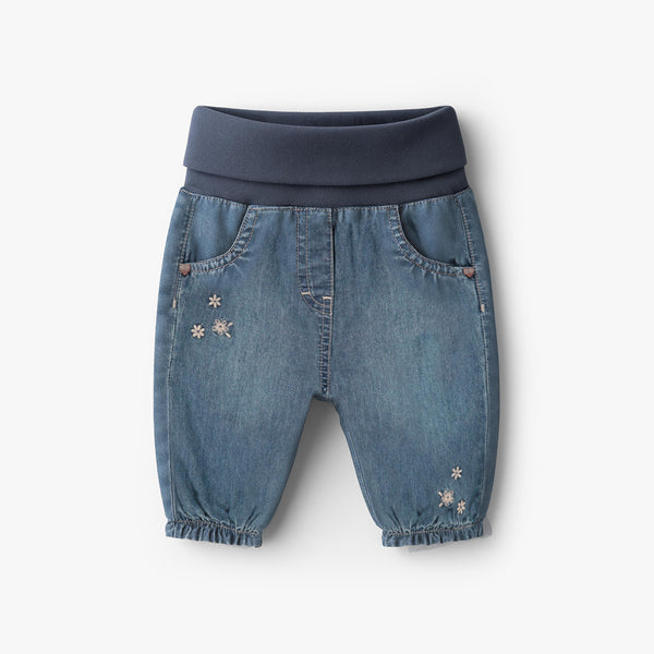 Evolutive pants in light denim, embroidery, newborn | Souris Mini