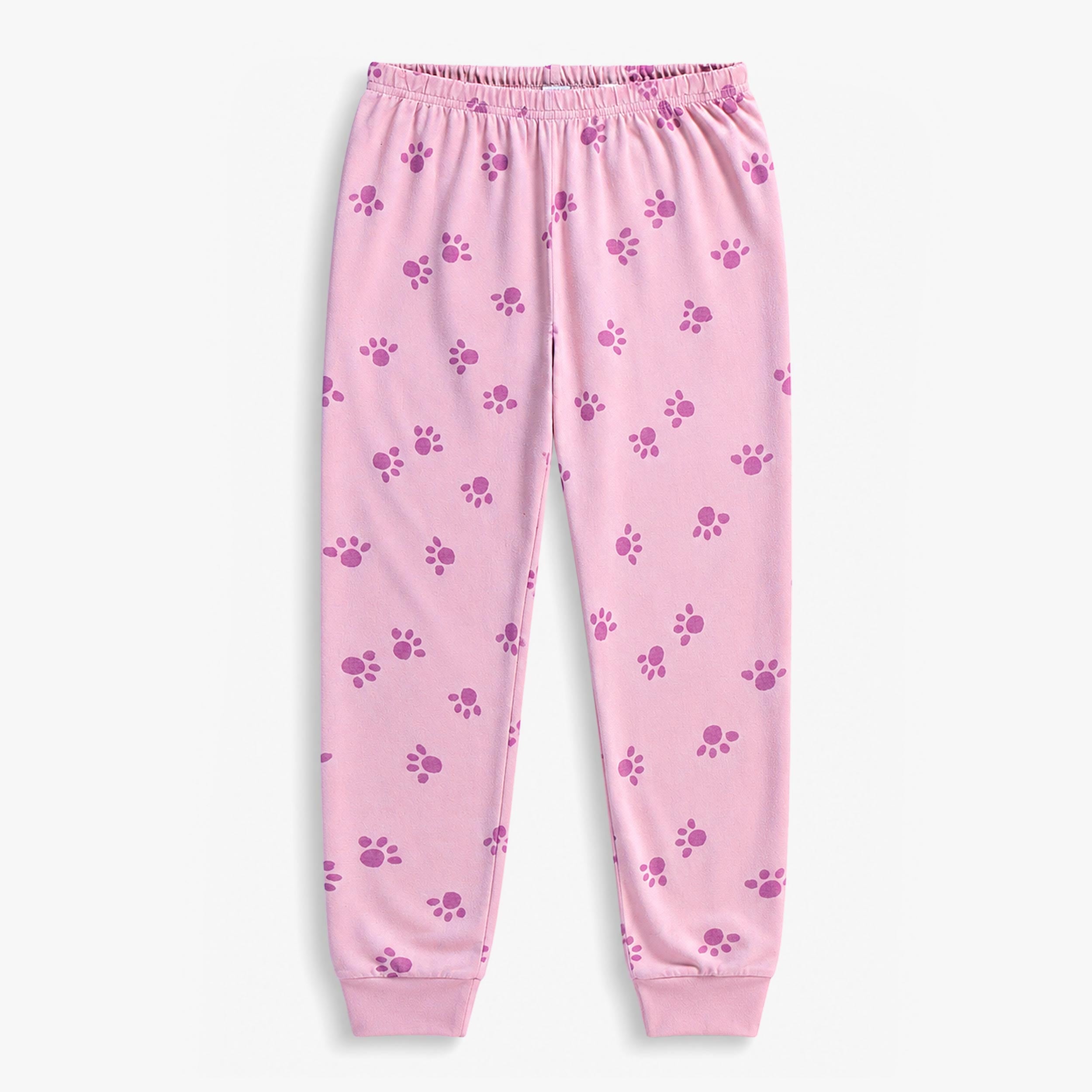 Pantalon de pyjama rose pour enfant en jersey de coton avec taille élastique et motif de pattes de chat.