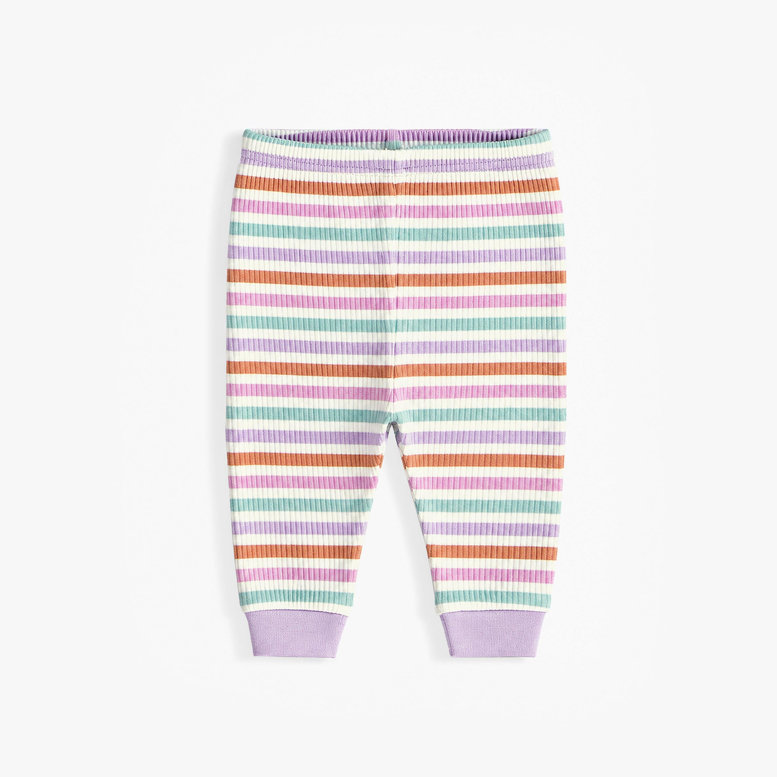 Pantalon de pyjama pour enfant a rayures multicolores avec taille elastique et chevilles lilas.