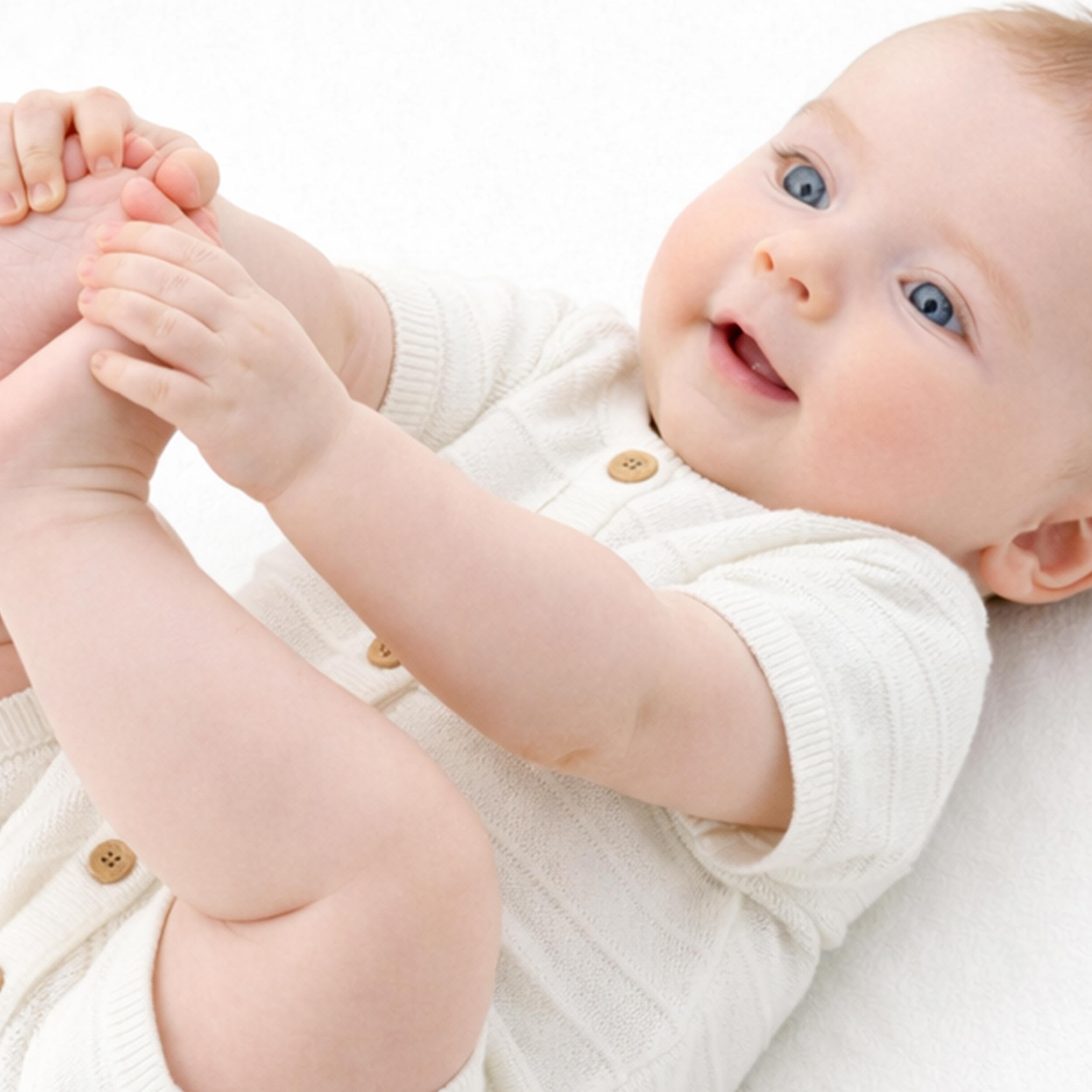 Photo d'un bébé portant la barboteuse crème en tricot avec rayures, naissance