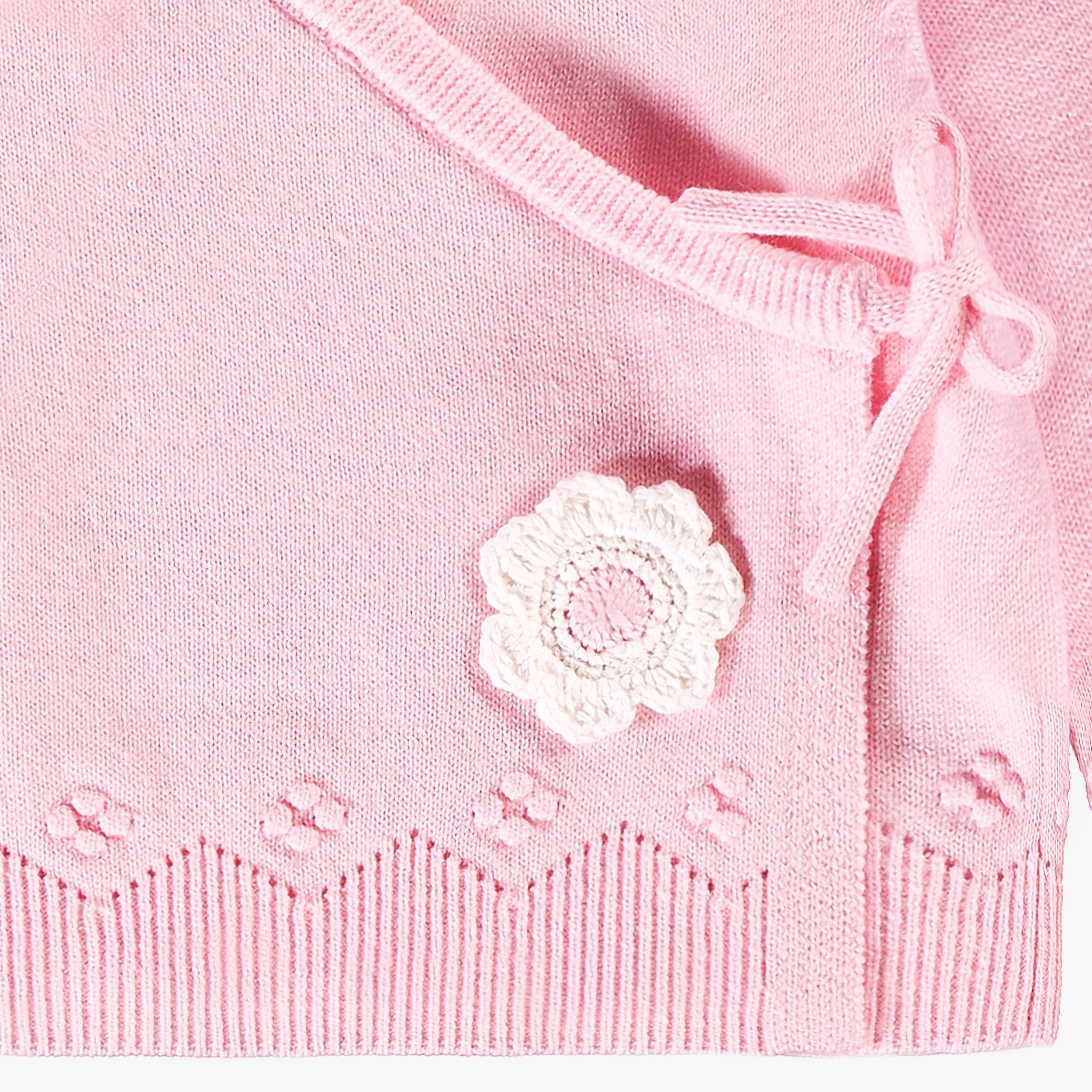 Photo zoom détails du chandail cache-cœur rose en tricot à motif pointelle, naissance 