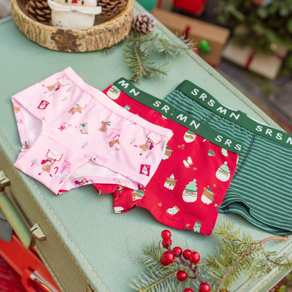 Red boxer shorts with festive patterns, child