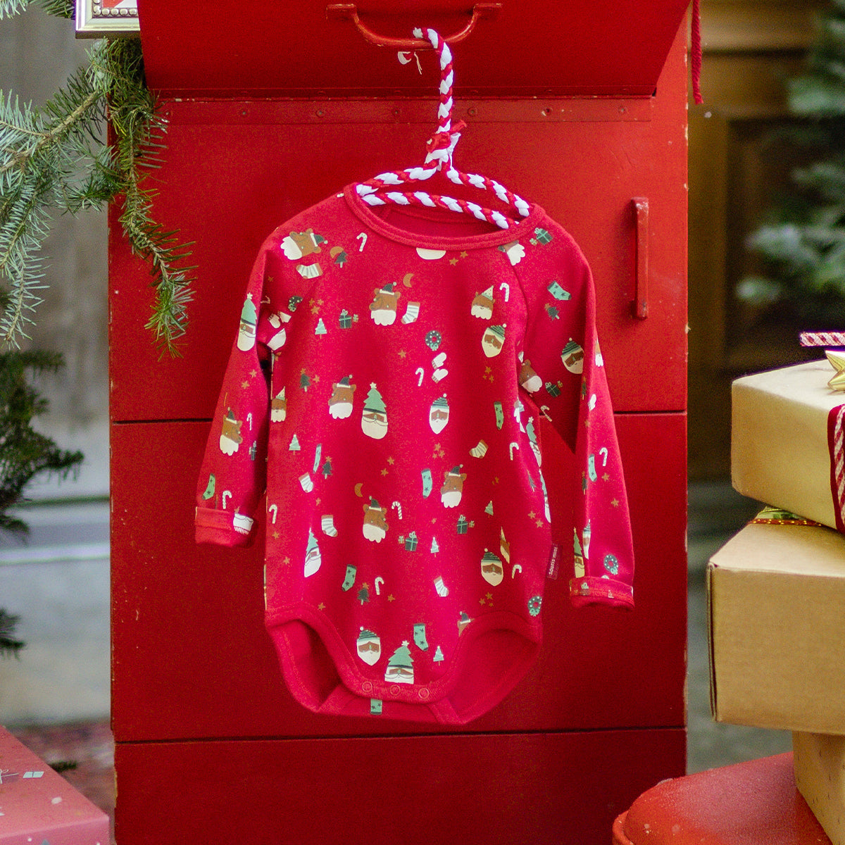 Red bodysuit with holiday all over print, baby 