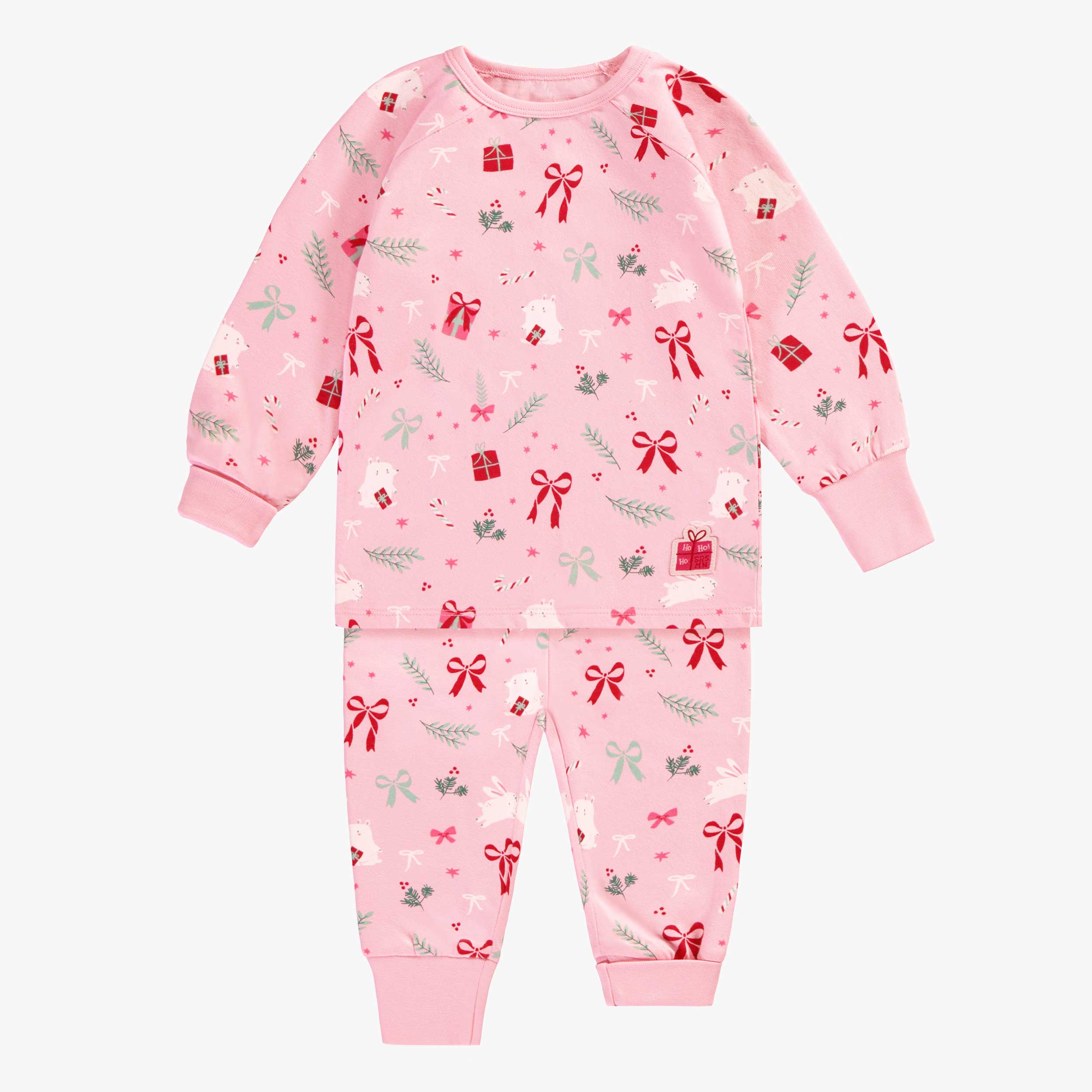Pyjama De Noël 2 Pièces Pour Bébé Fille - Rose/Rouge à Nœuds - Poignets Et Ourlets En Fausse Fourrure - Tailles 6 Mois à 4 Ans