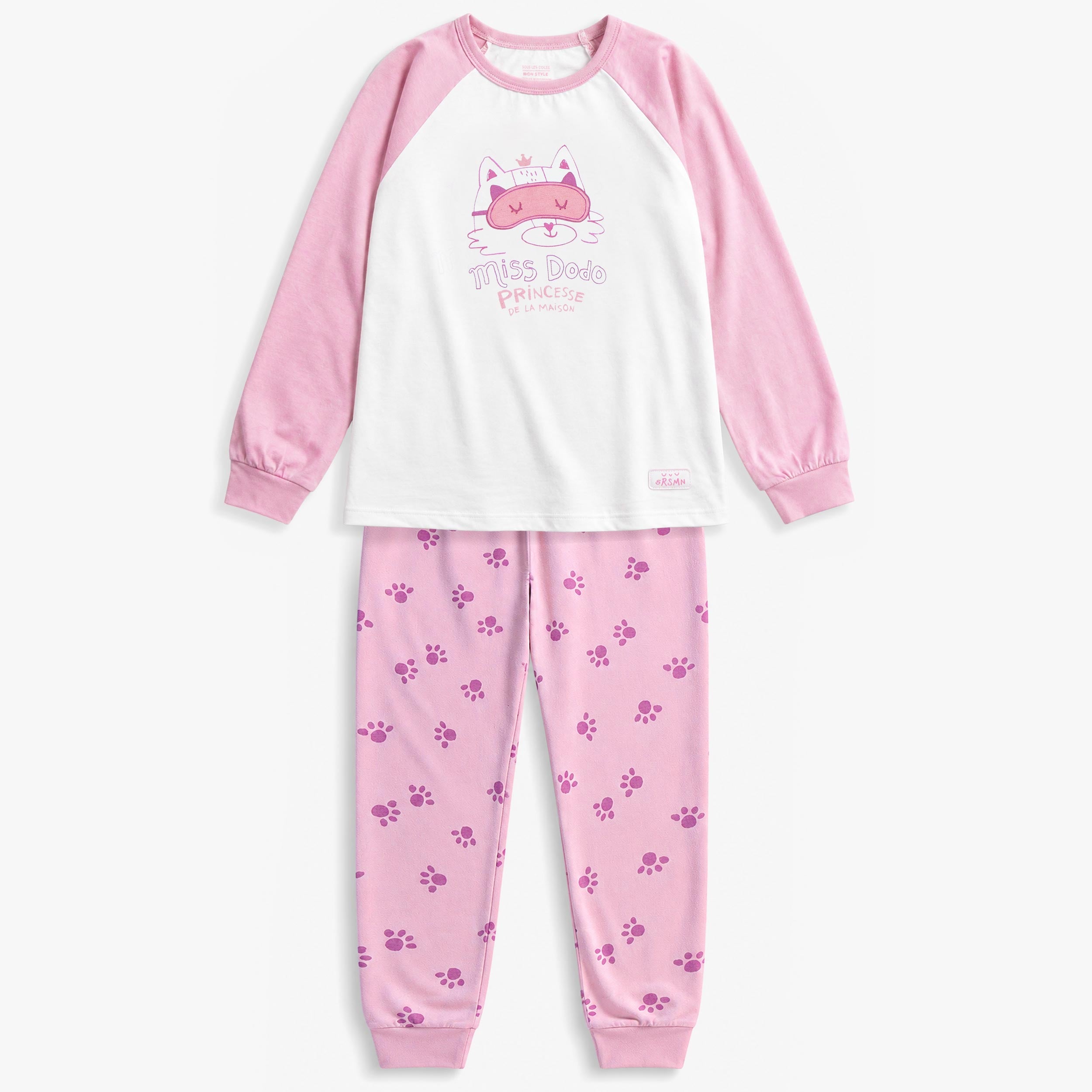 Pyjama deux pièces rose pour enfant en jersey de coton avec illustration de chat, haut à manches longues et pantalon à motif de pattes. - Souris Mini
