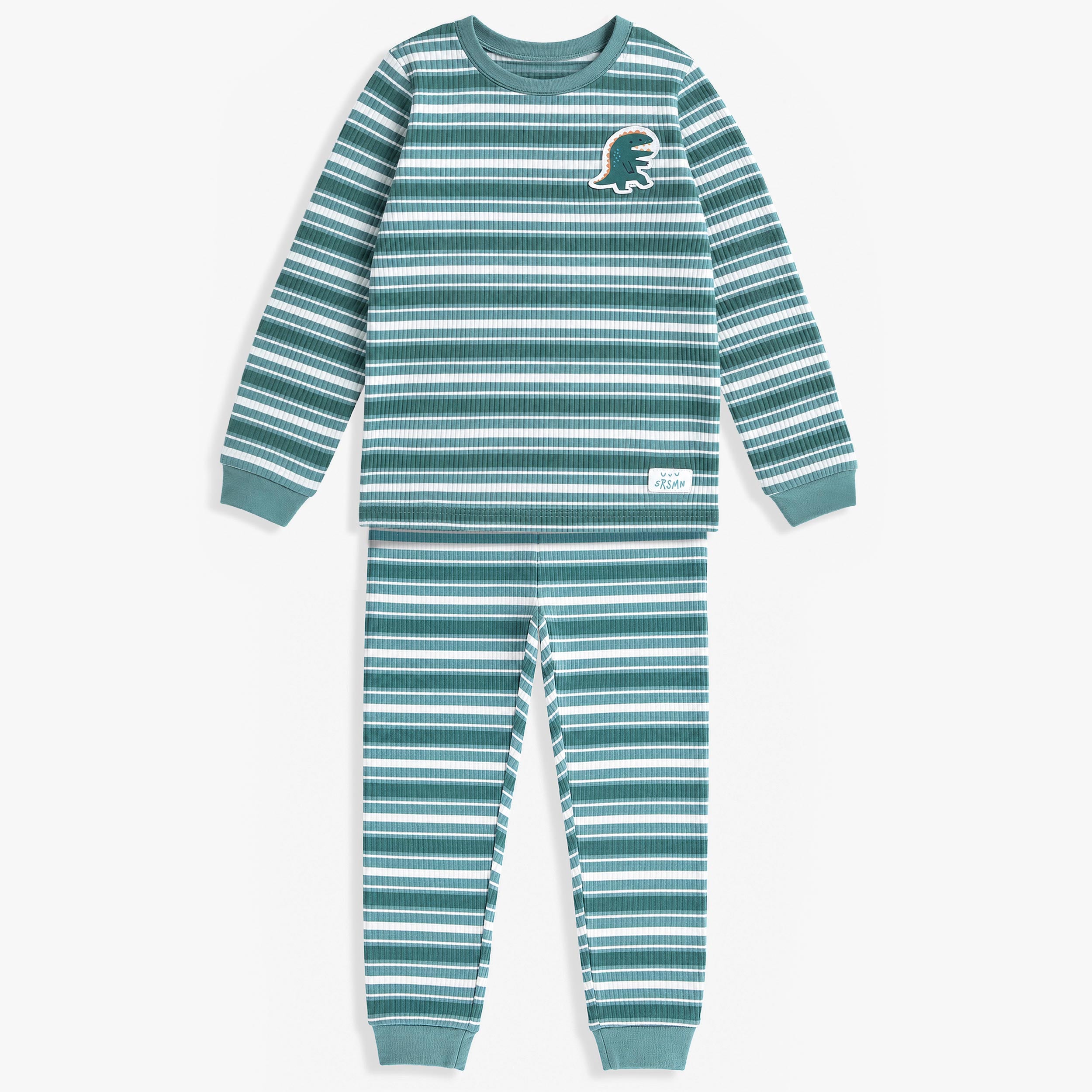 Pyjama deux pièces vert à rayures pour bébé en tricot côtelé avec haut à manches longues, pantalon à taille élastique et écusson dinosaure. - Souris Mini