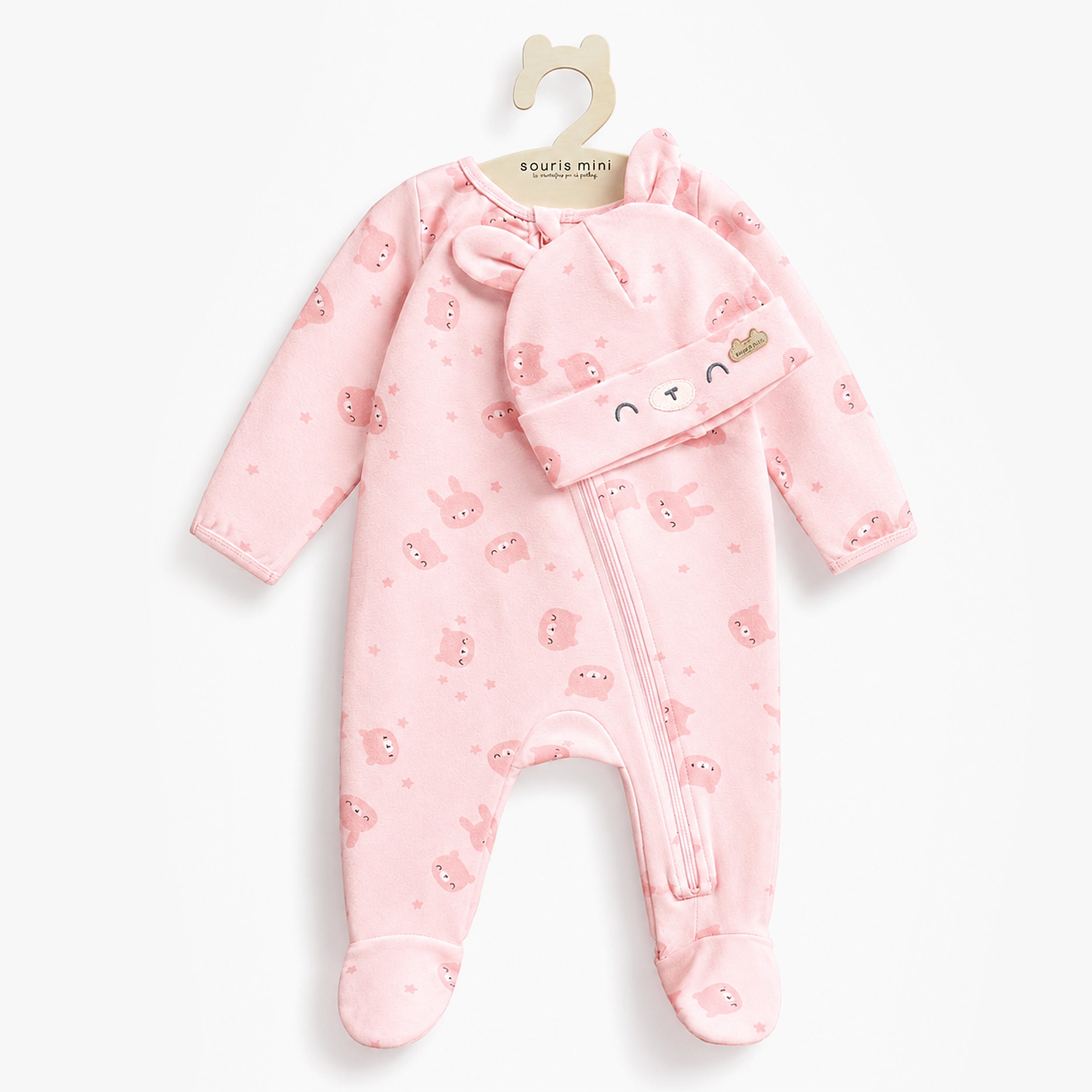Pyjama à pieds rose à motifs de lapins avec bonnet, bébé fille - souris mini