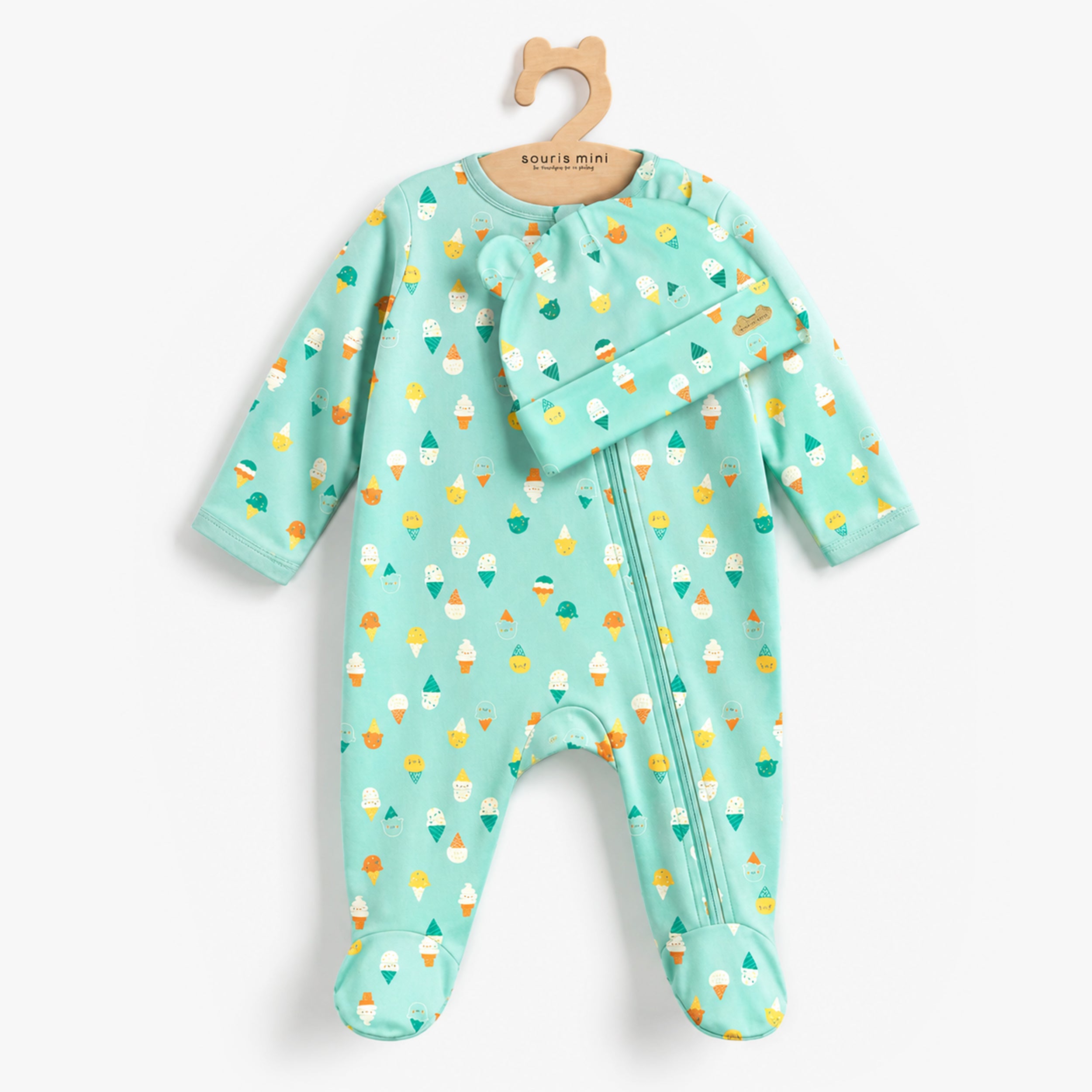 Pyjama à pieds turquoise à motifs de crème glacée avec bonnet, bébé - Souris Mini