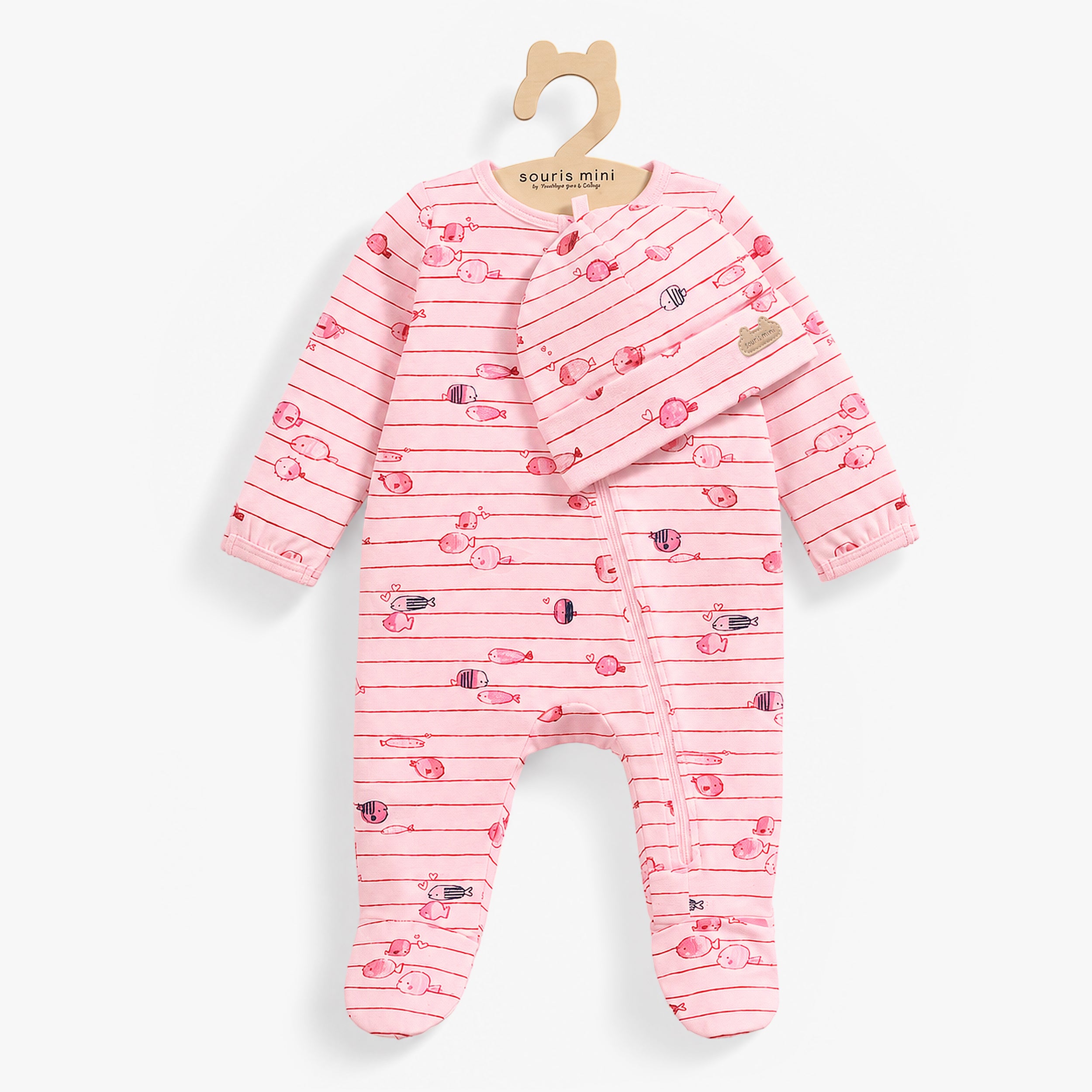 Pyjama rose rayé à motifs de poissons, naissance - Souris Mini