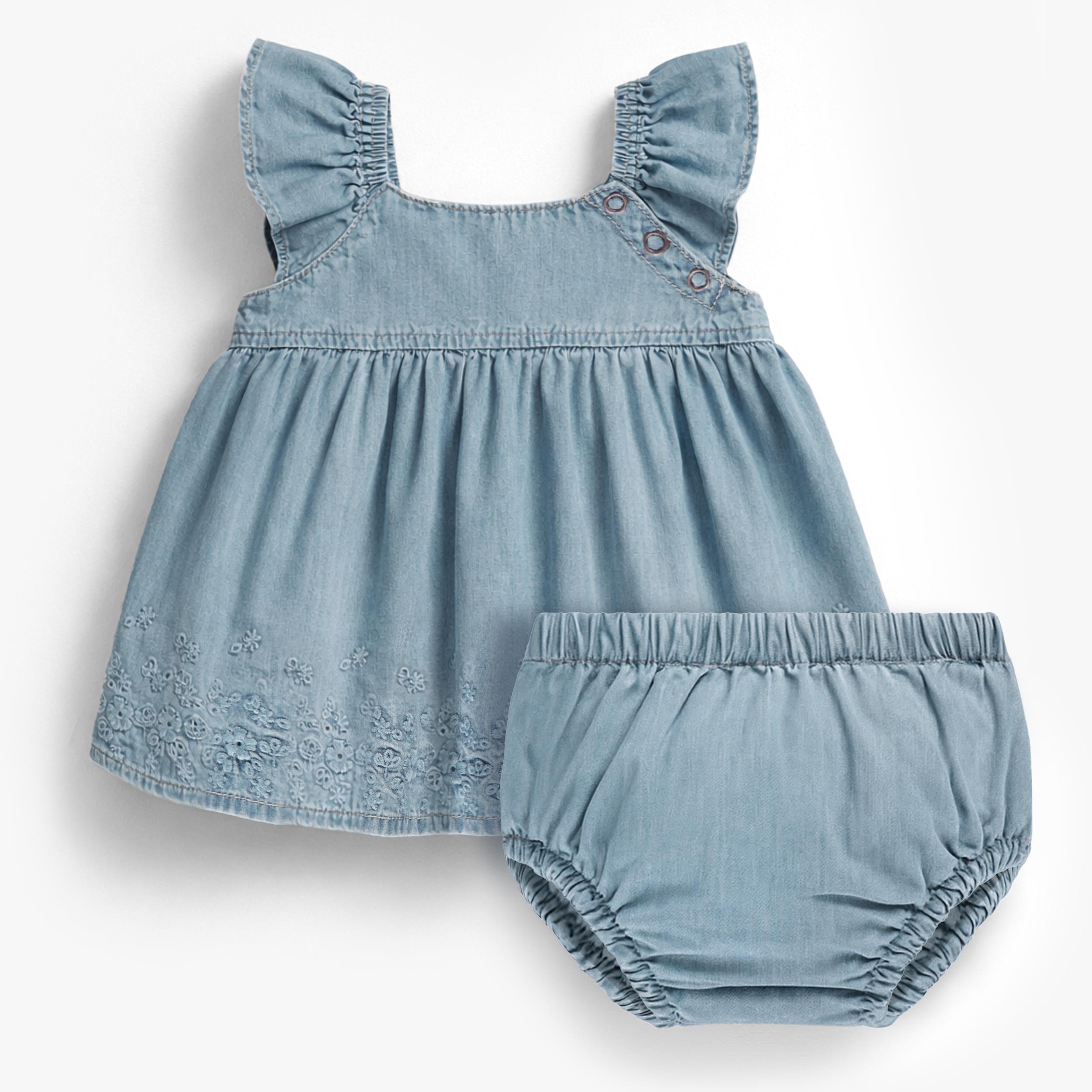 Robe et bloomer en denim avec broderie anglaise, naissance - Souris Mini